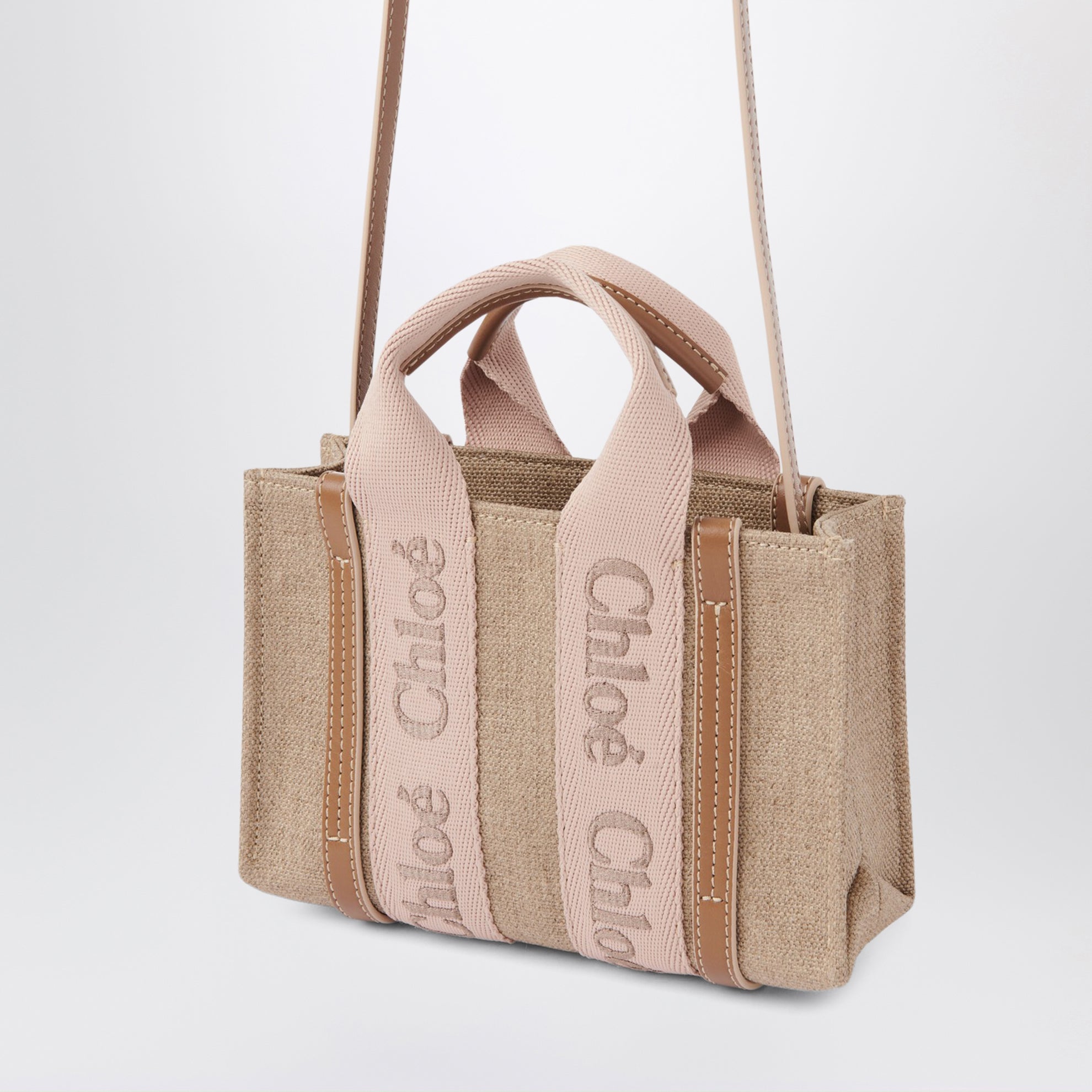 Small Woody tote bag in linen Blushy beige