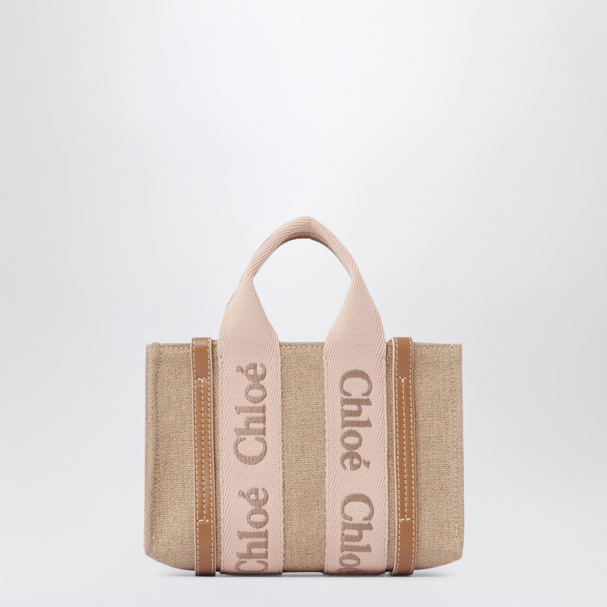 Small Woody tote bag in linen Blushy beige