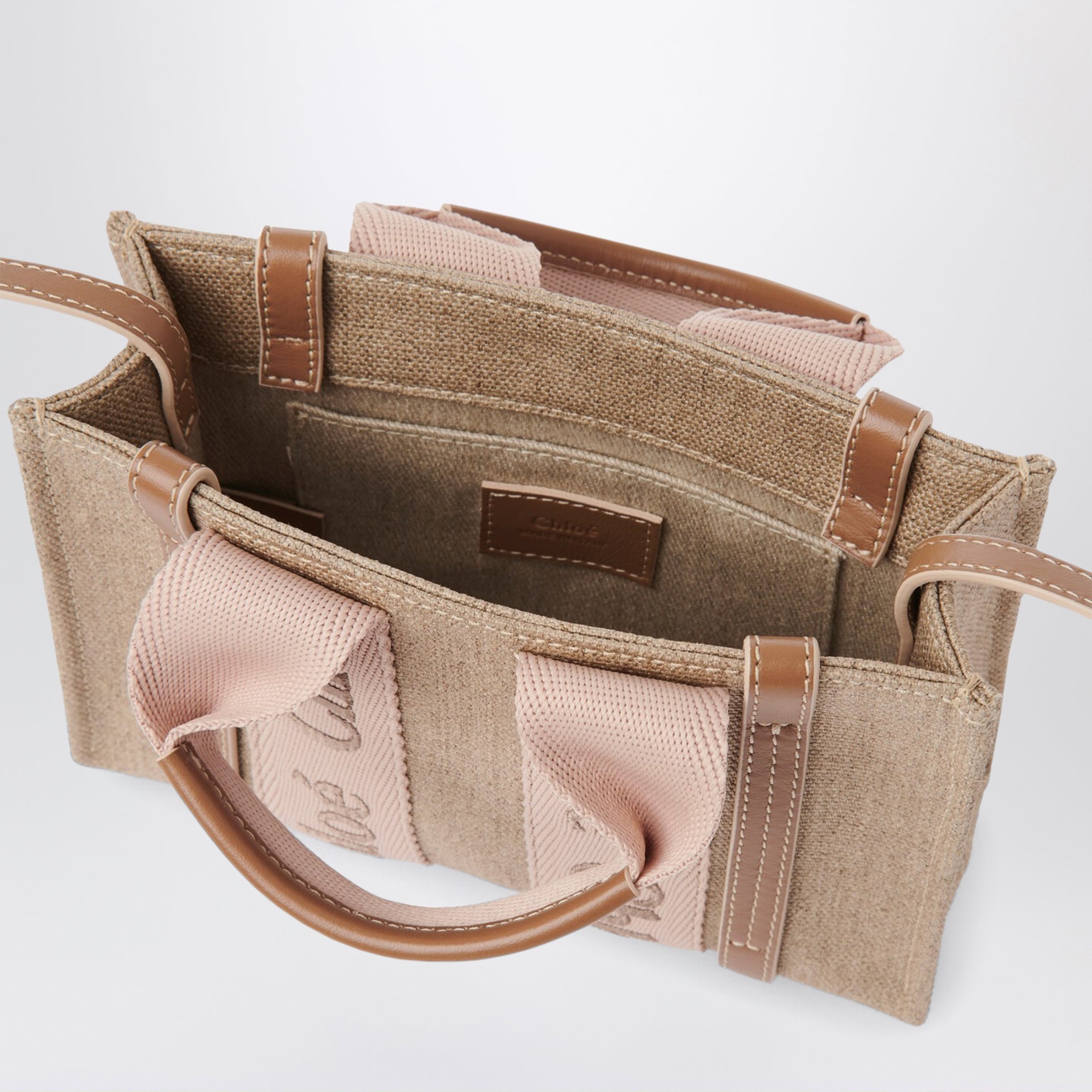 Small Woody tote bag in linen Blushy beige