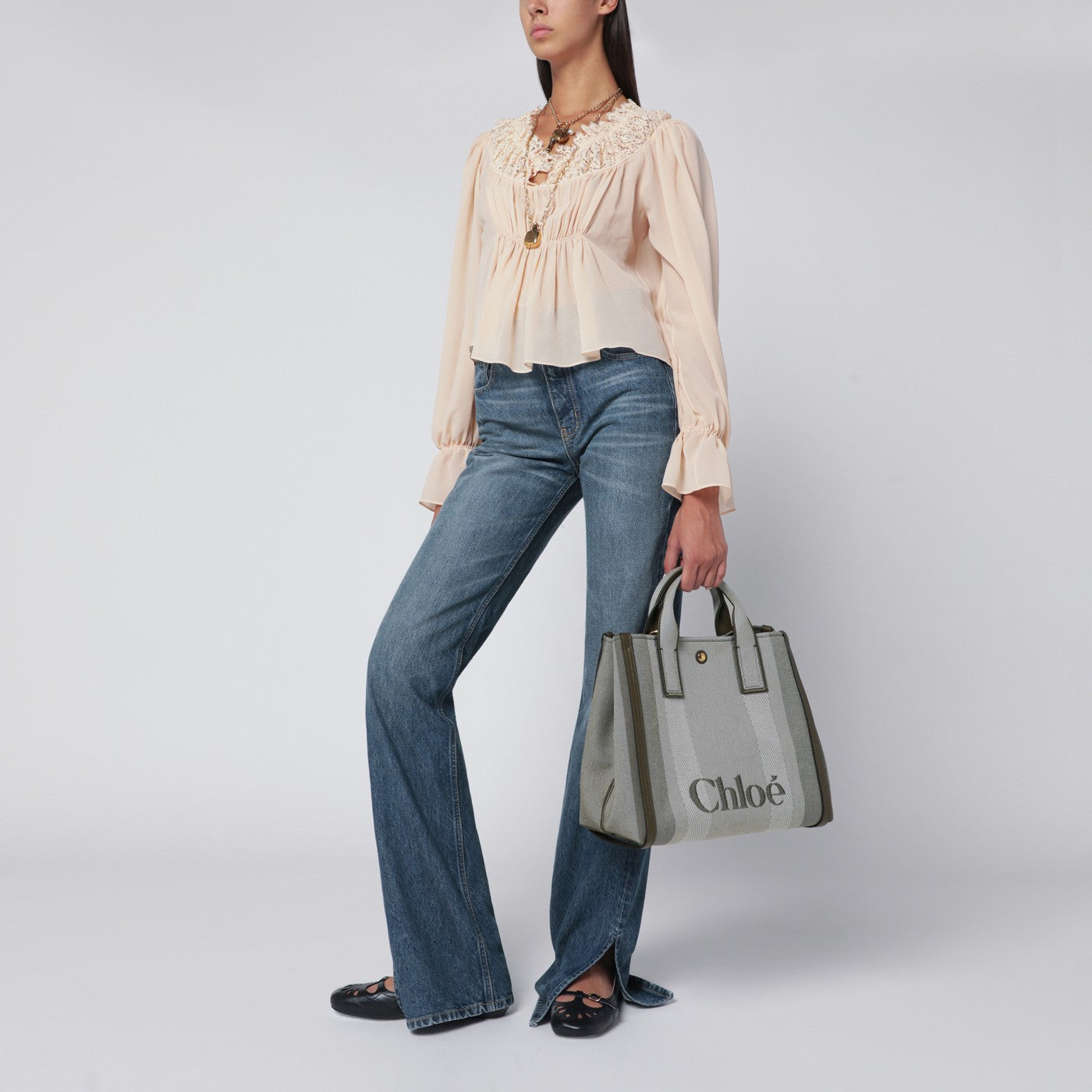 Cabas Carry en toile rayée vert foncé