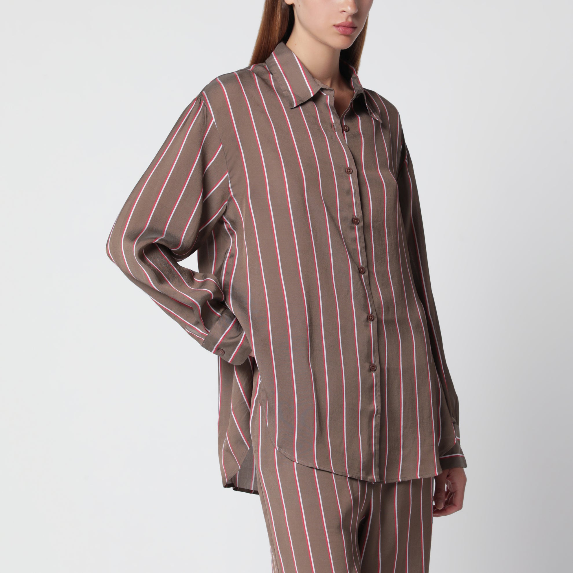 Camicia a righe in viscosa e seta marrone