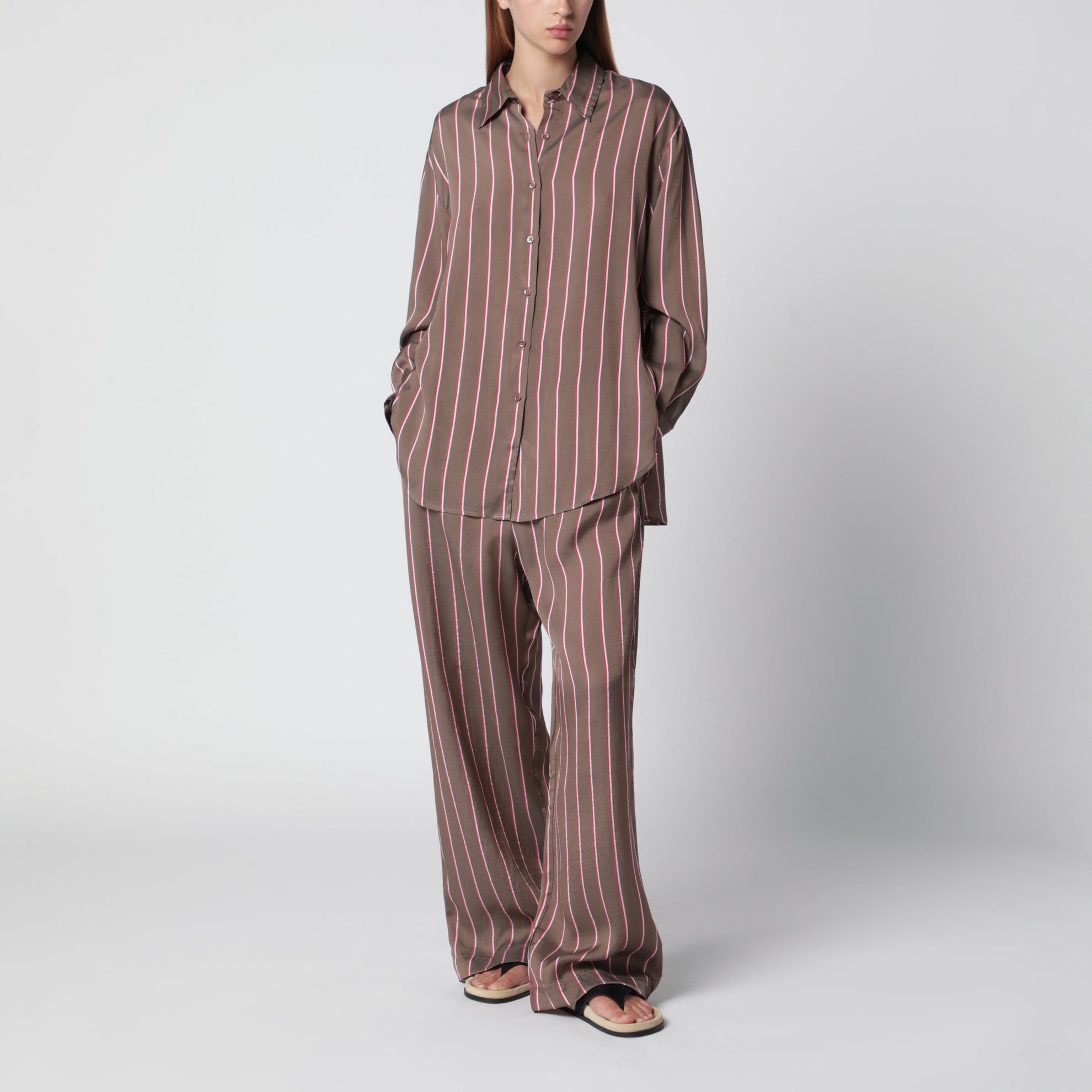 Camicia a righe in viscosa e seta marrone