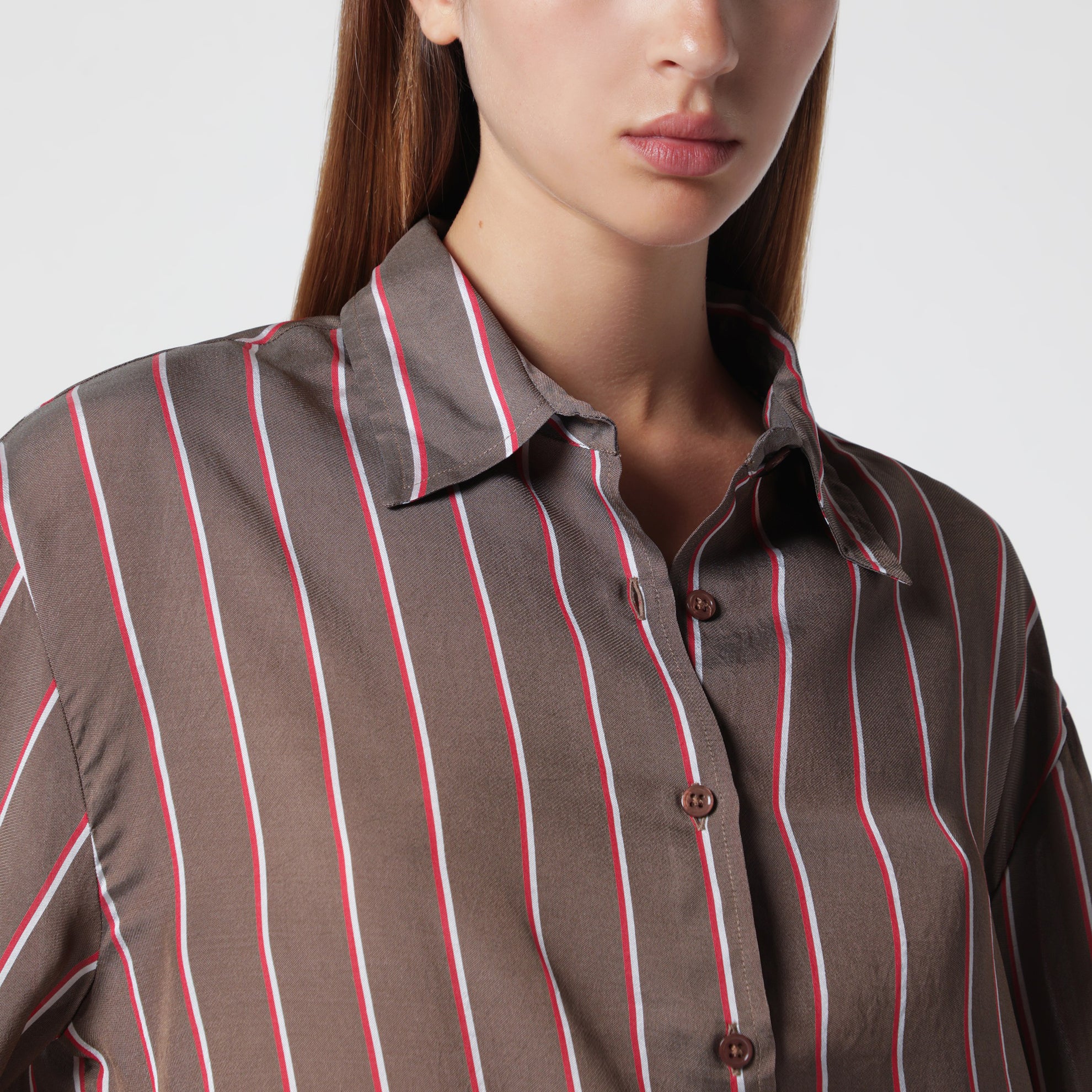 Camicia a righe in viscosa e seta marrone
