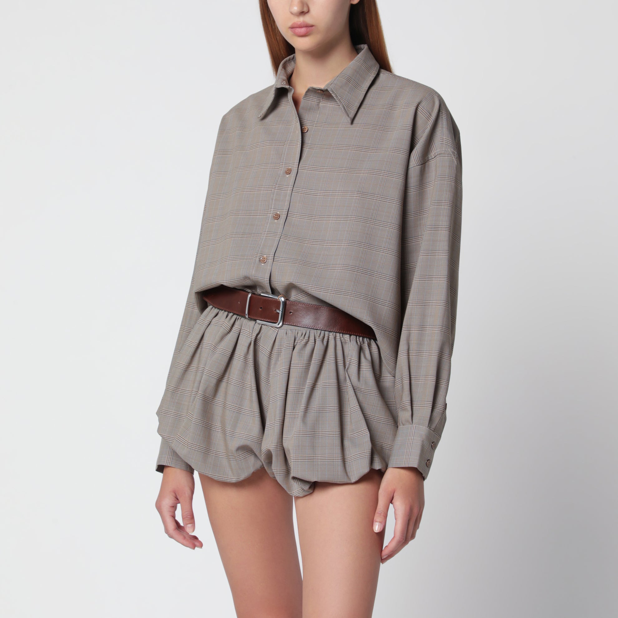 Chemise courte Arlen Boxy à carreaux en mélange de laine beige