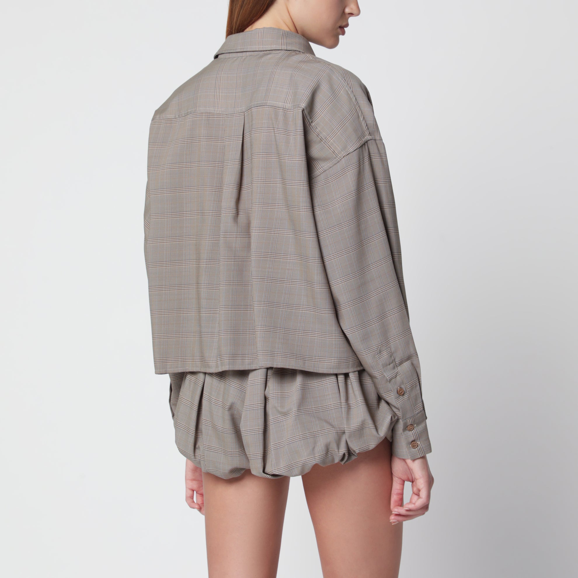 Chemise courte Arlen Boxy à carreaux en mélange de laine beige