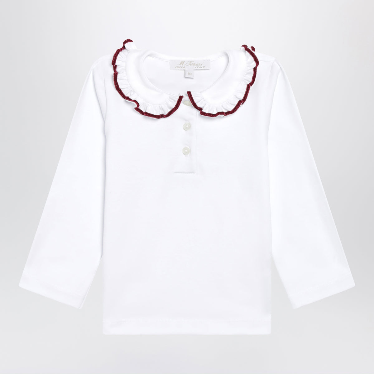 Polo a maniche lunghe bianca con ruches e profilo bordeaux