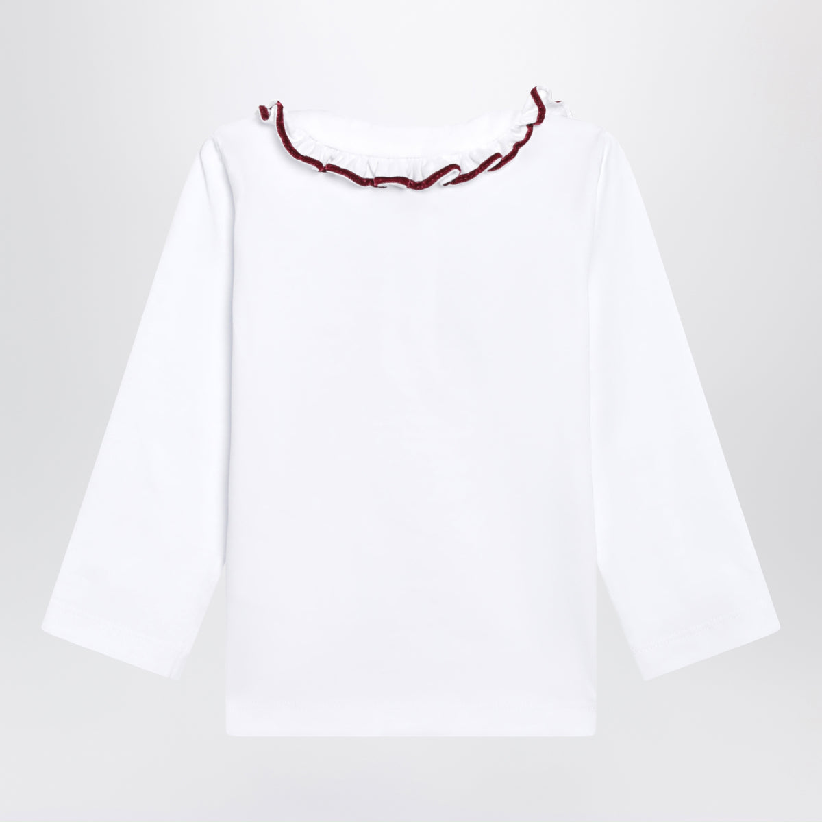 Polo a maniche lunghe bianca con ruches e profilo bordeaux