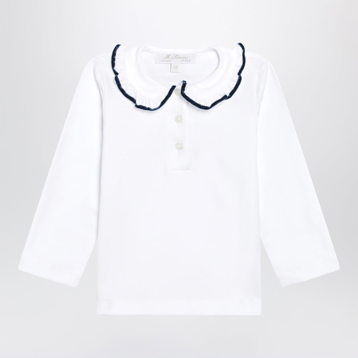 Polo a maniche lunghe bianca con ruches e profilo blu
