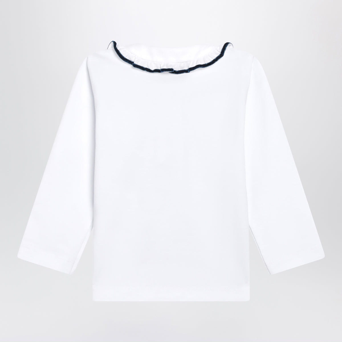 Polo a maniche lunghe bianca con ruches e profilo blu