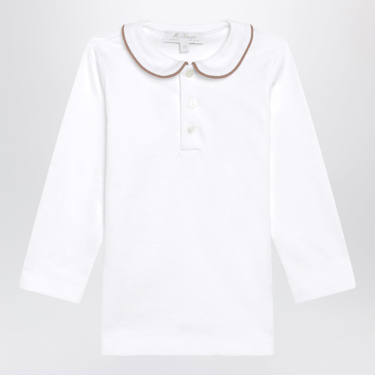 Weißes Langarm-Poloshirt mit brauner Einfassung