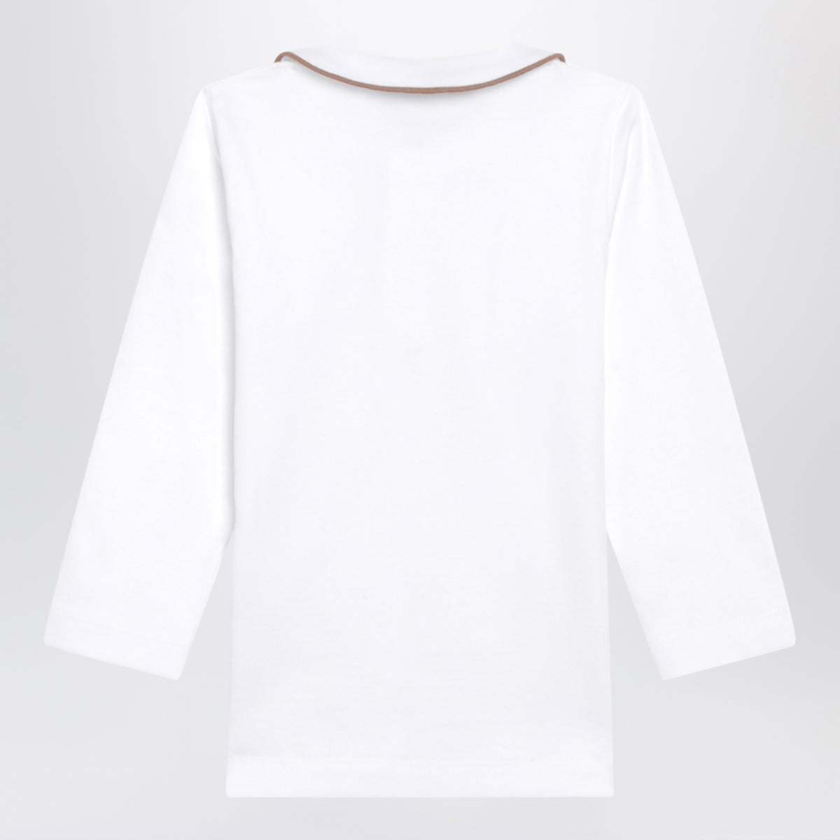 Weißes Langarm-Poloshirt mit brauner Einfassung