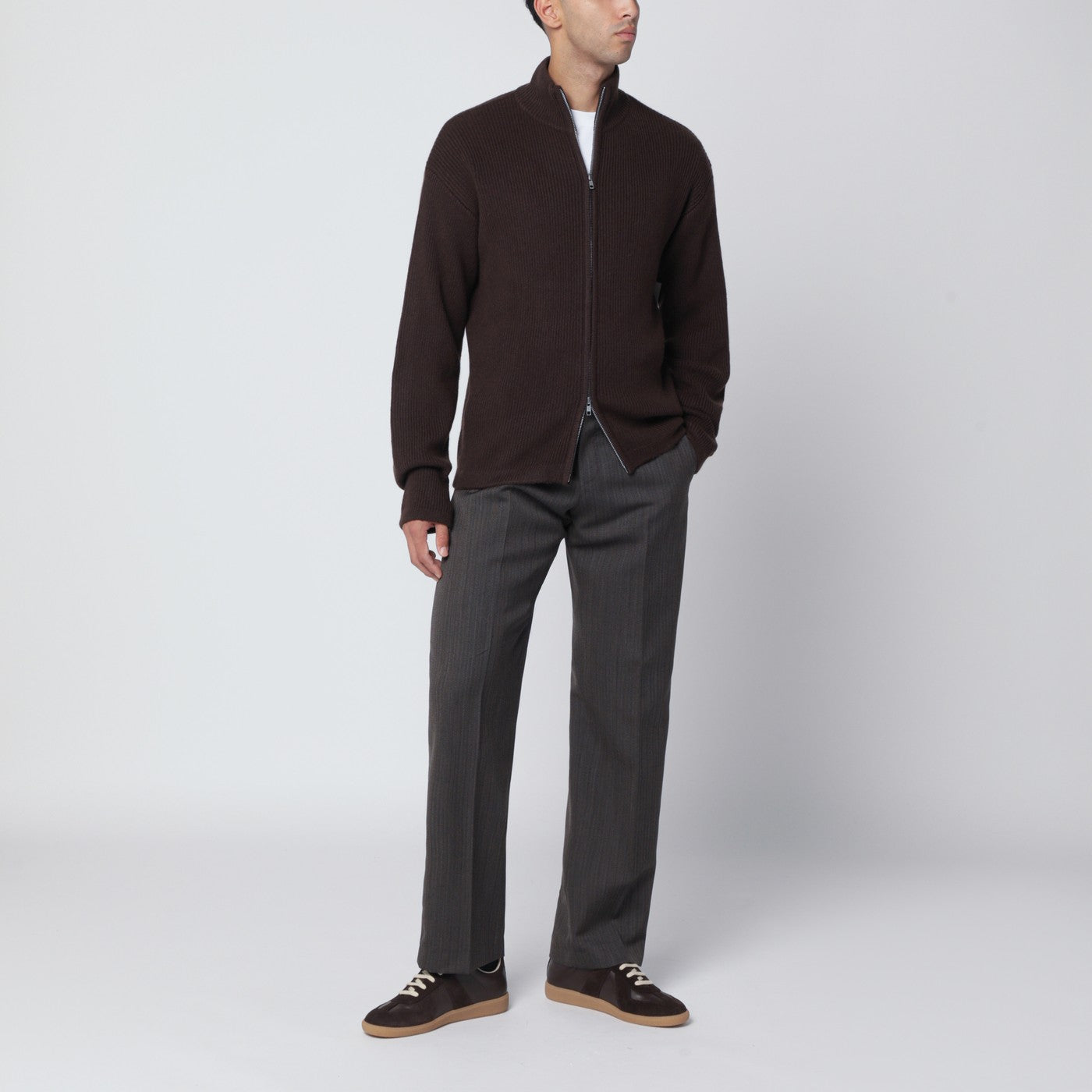 Pantalone marrone rigato in lana 