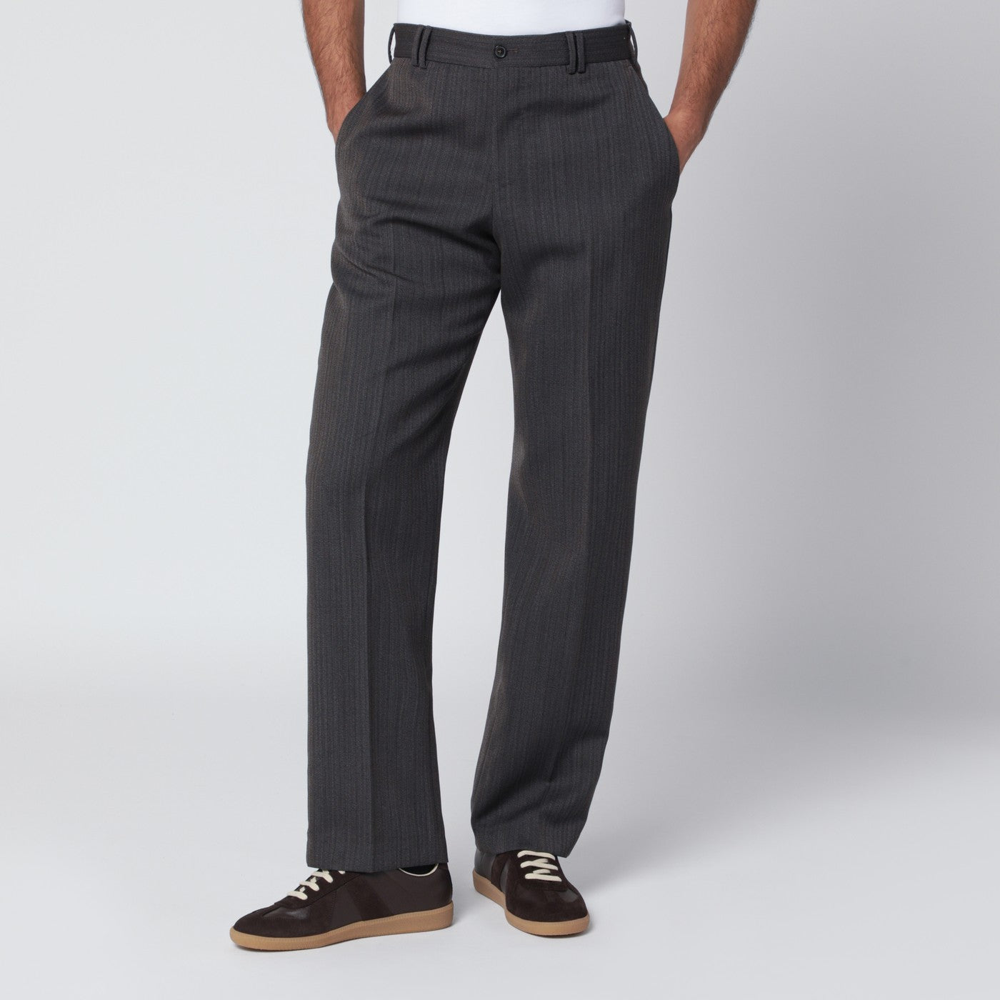 Pantalone marrone rigato in lana 