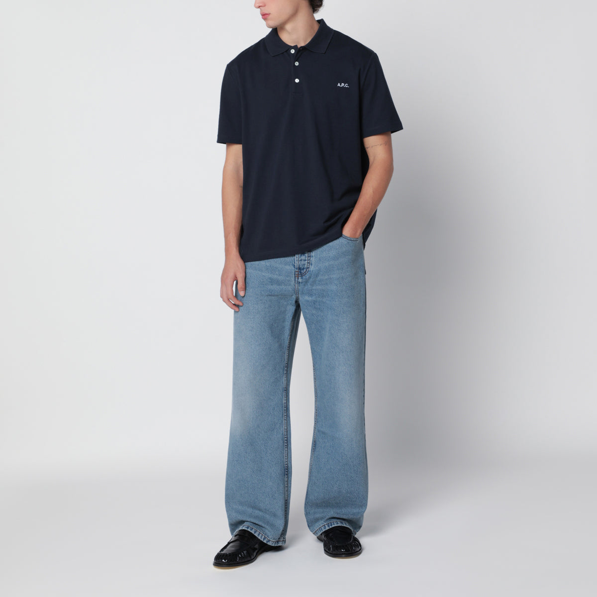 Polo blu scura in cotone con ricamo logo