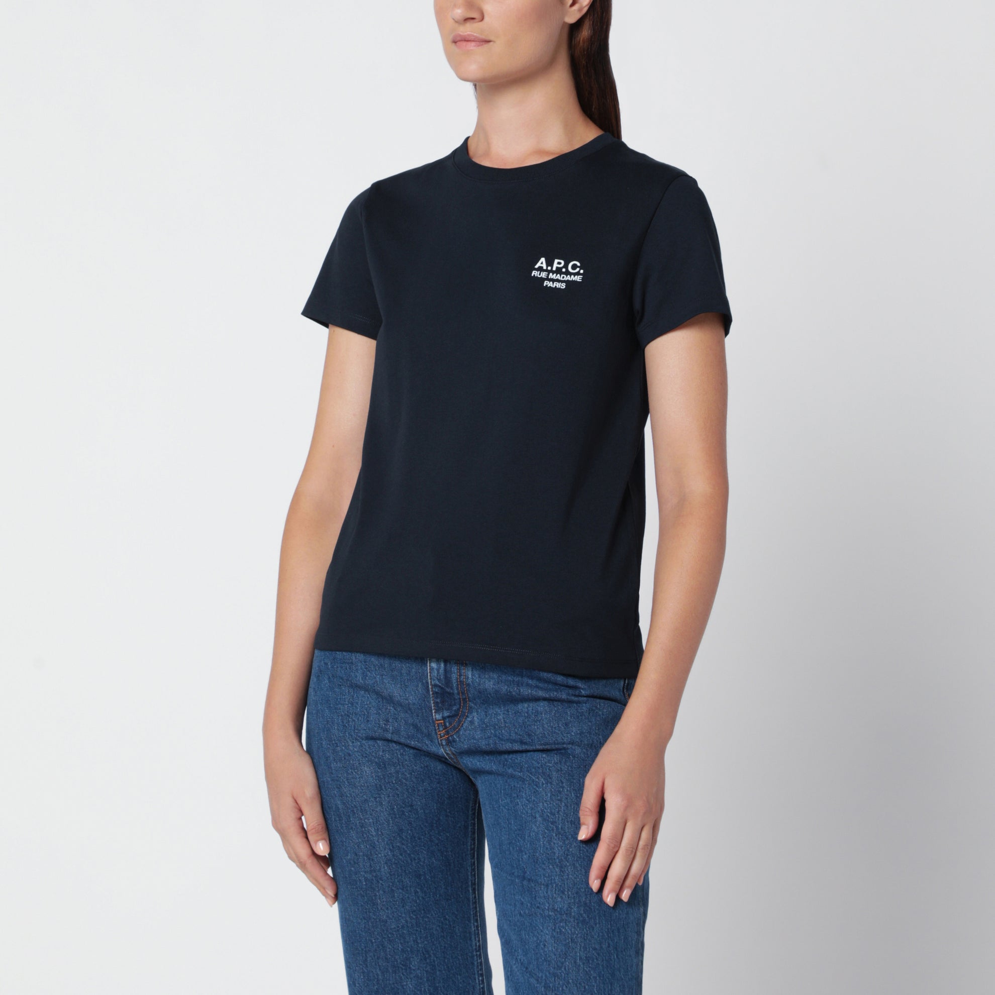 T-shirt blu scuro in cotone con ricamo