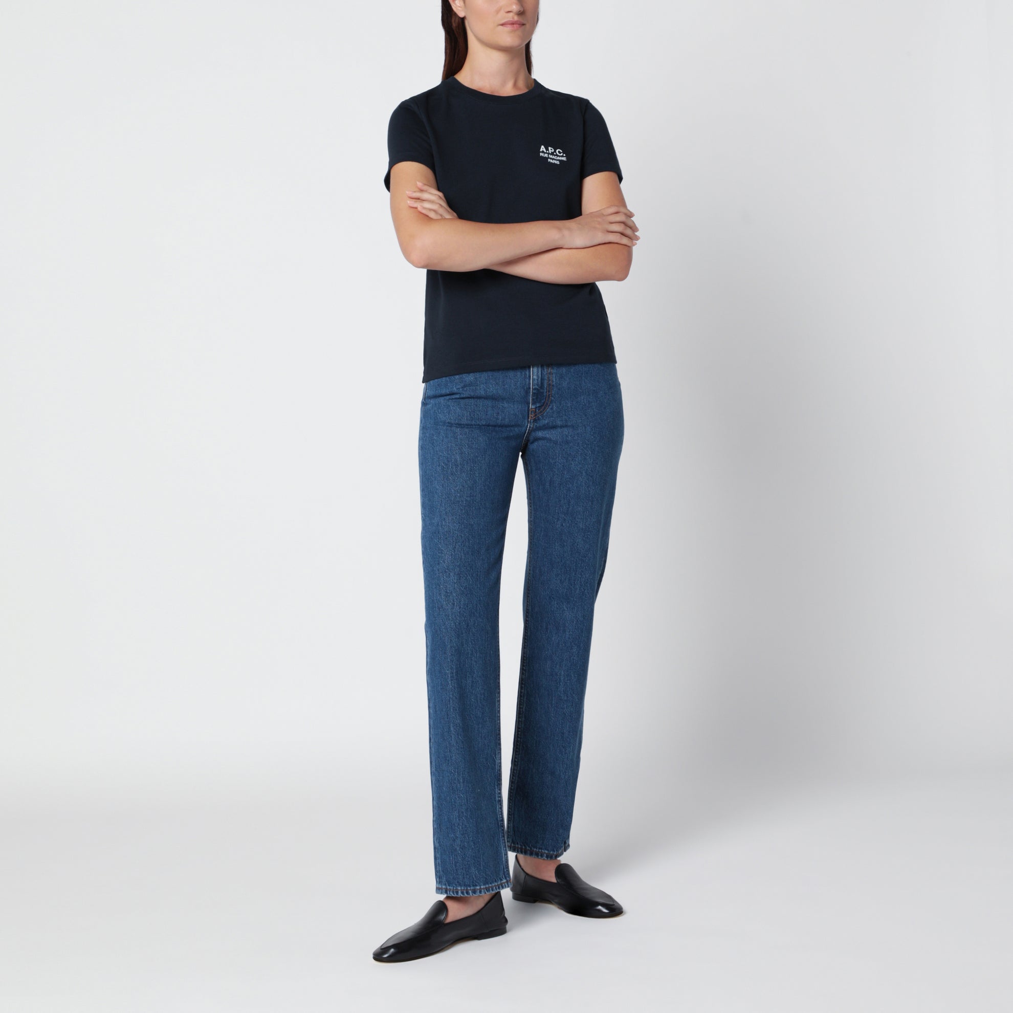 T-shirt blu scuro in cotone con ricamo