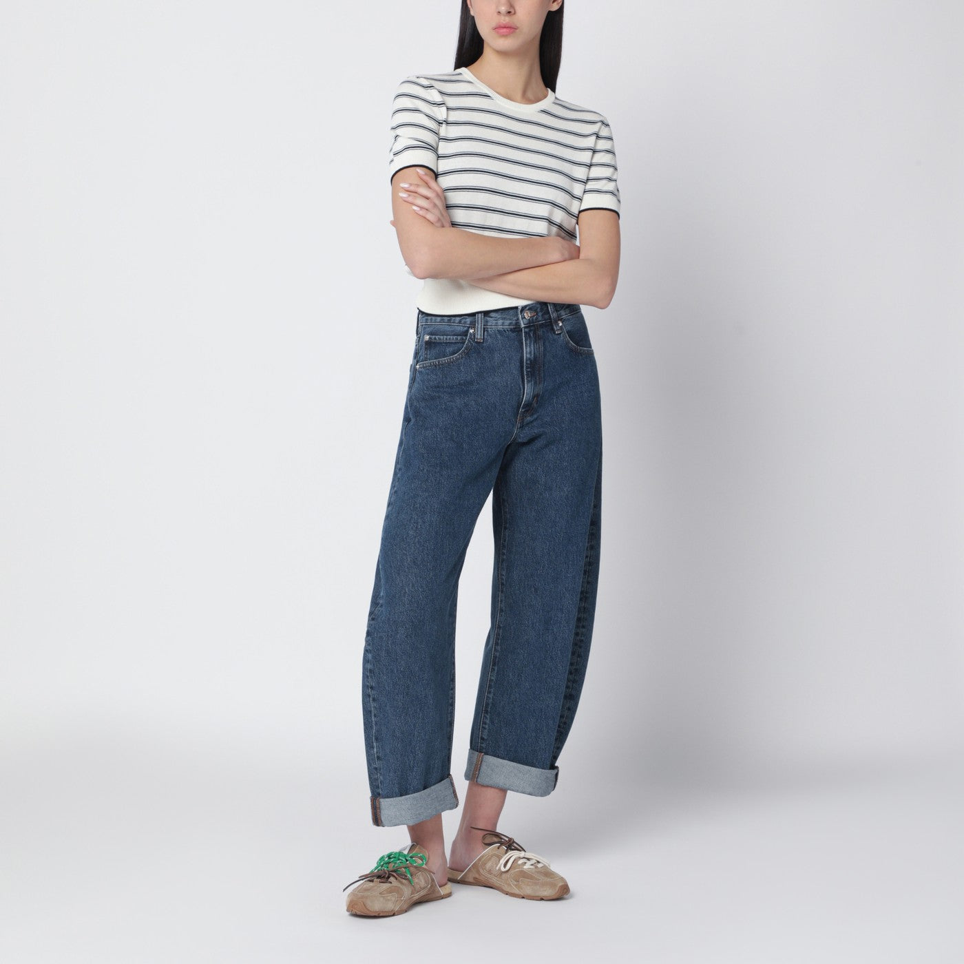 Maglia bianca a righe écru/nera