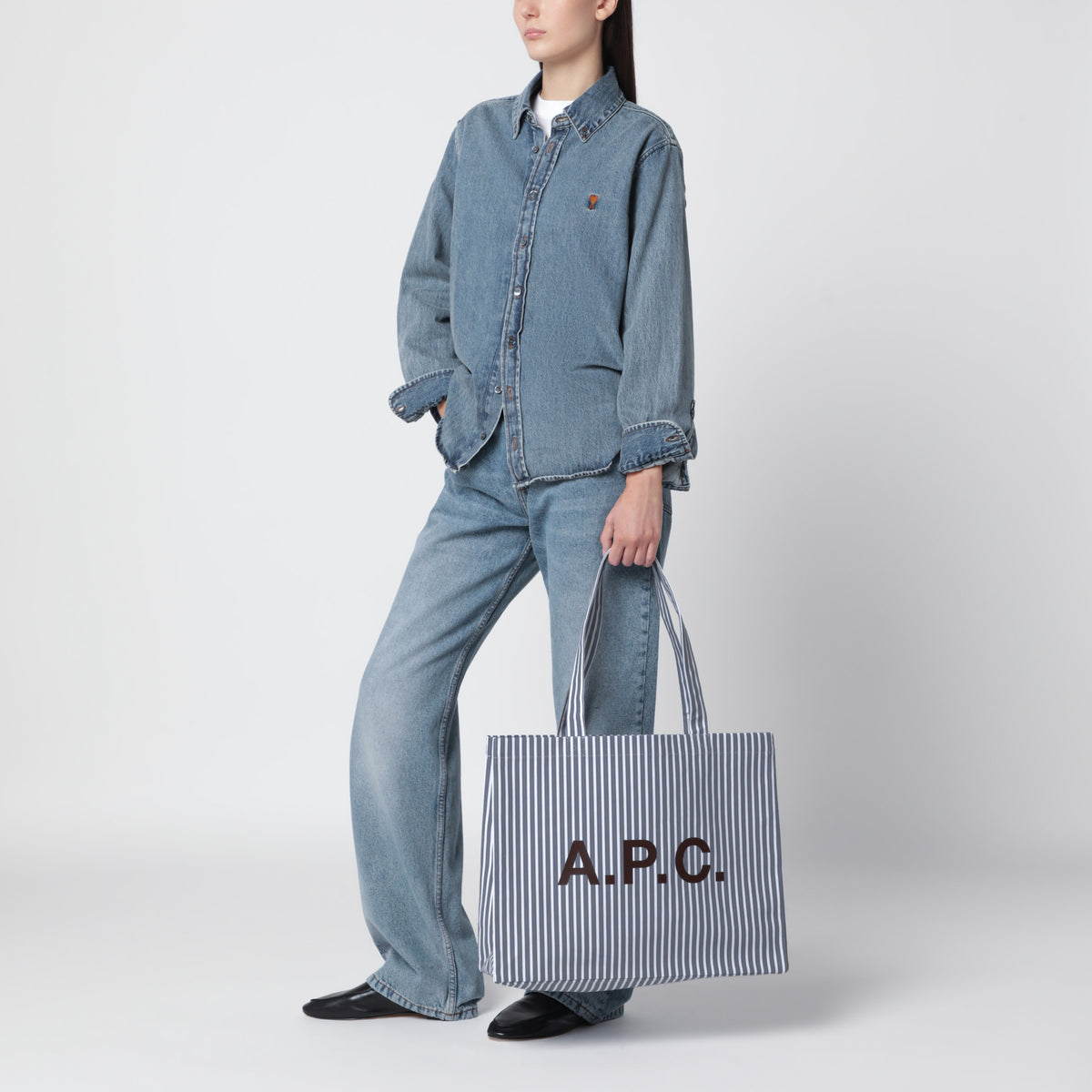 Borsa tote Lou Large azzurra a righe in cotone