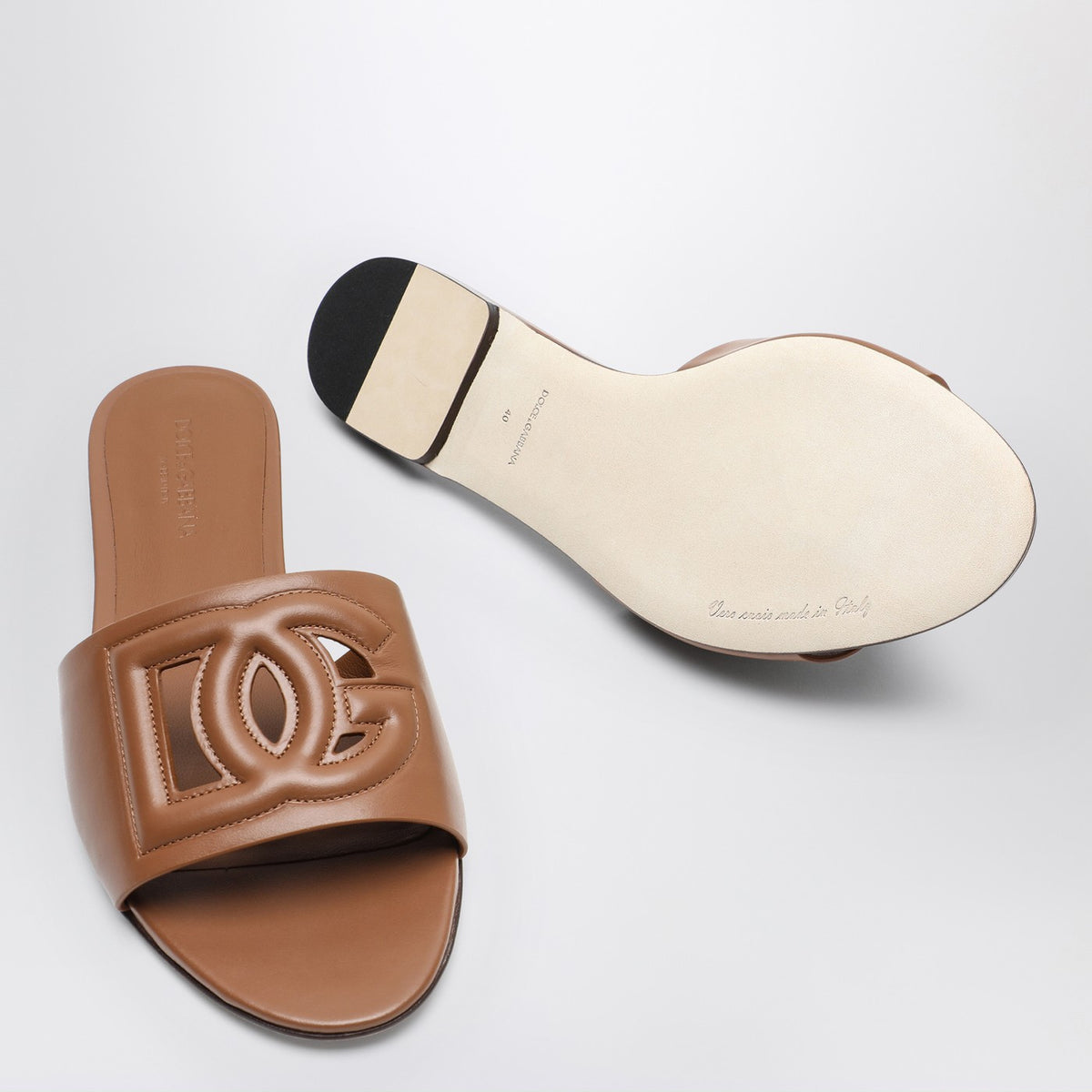 DOLCE E GABBANA Brown leather slides with DG logo | TheDoubleF