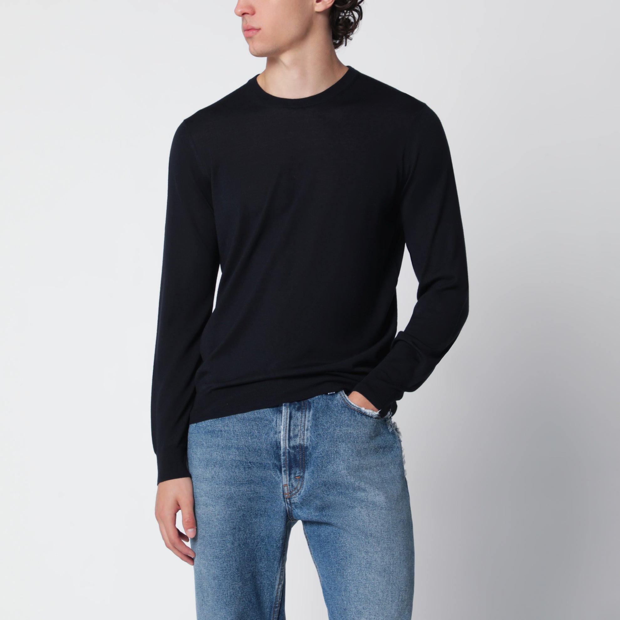 Maglia girocollo blu navy in lana