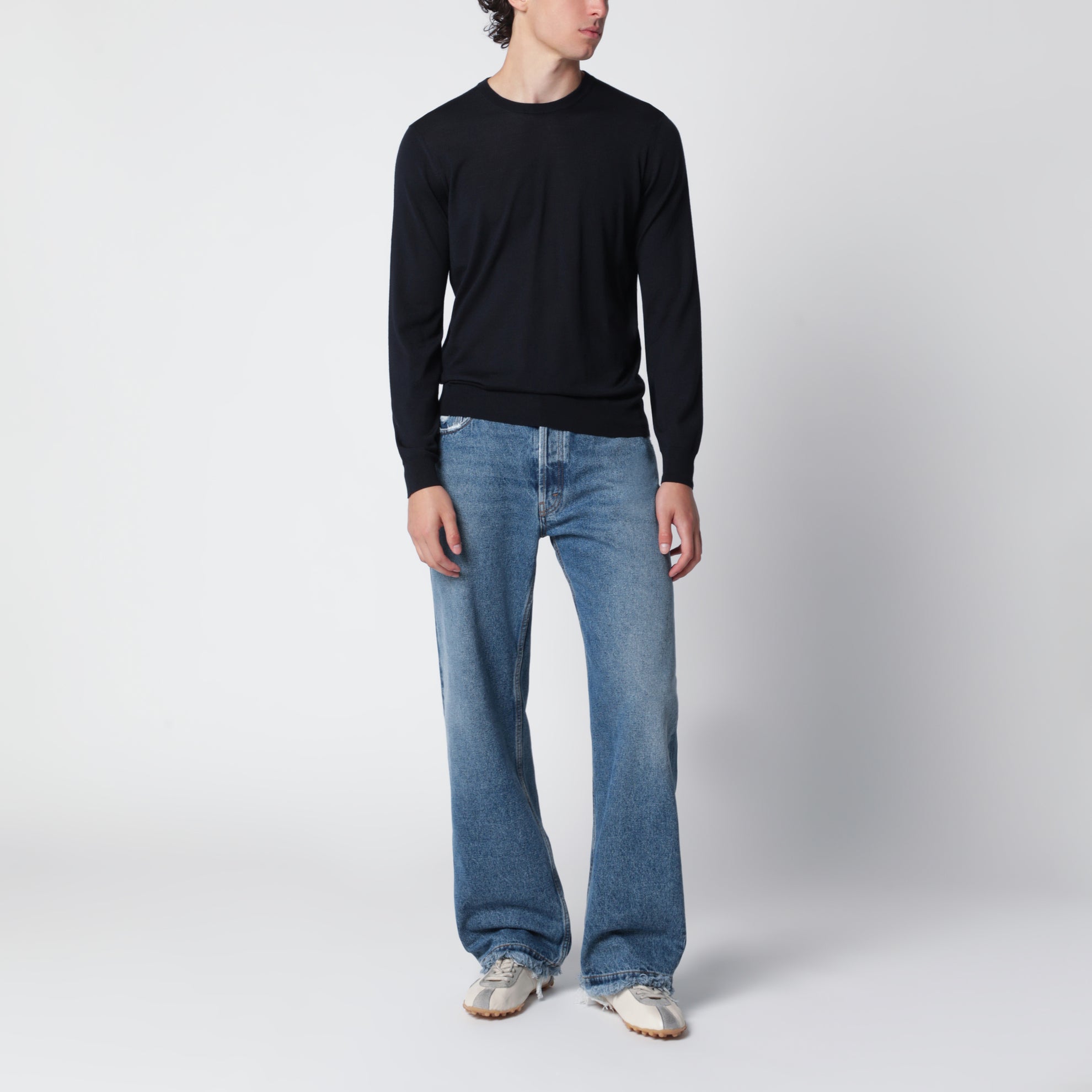 Maglia girocollo blu navy in lana