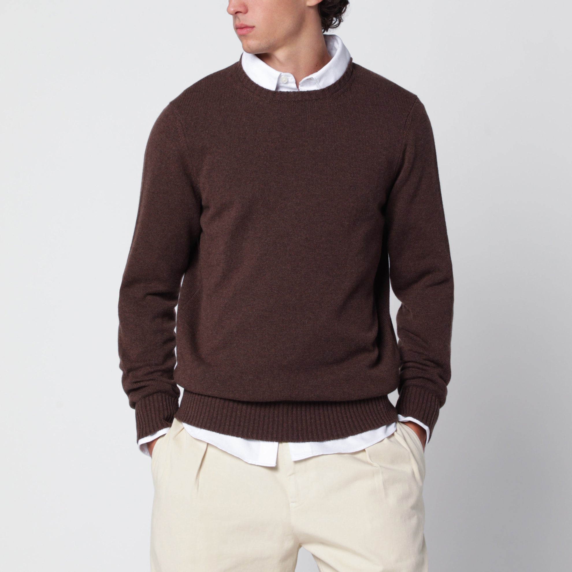 Crew-neck sweater in light brown cashmere