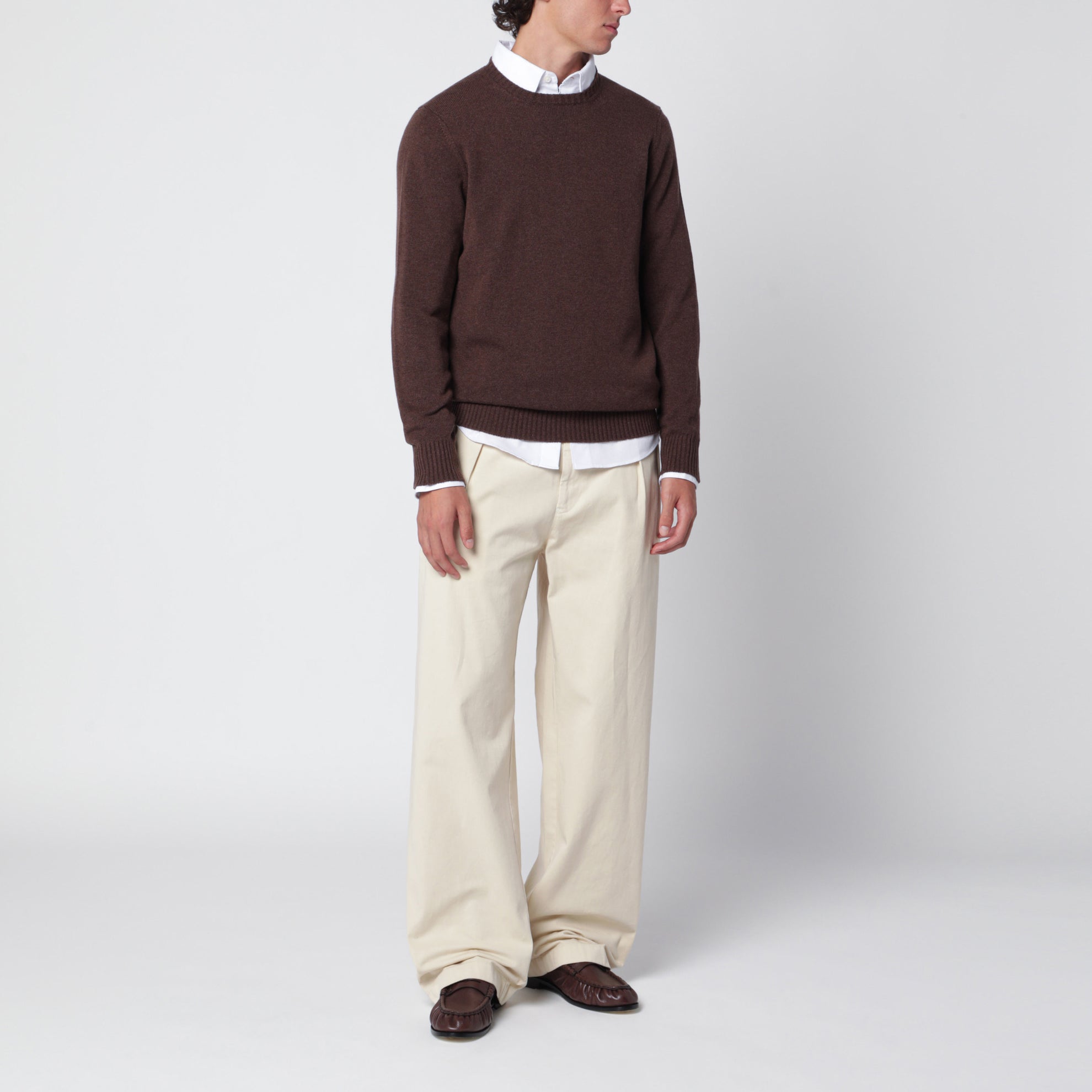 Crew-neck sweater in light brown cashmere