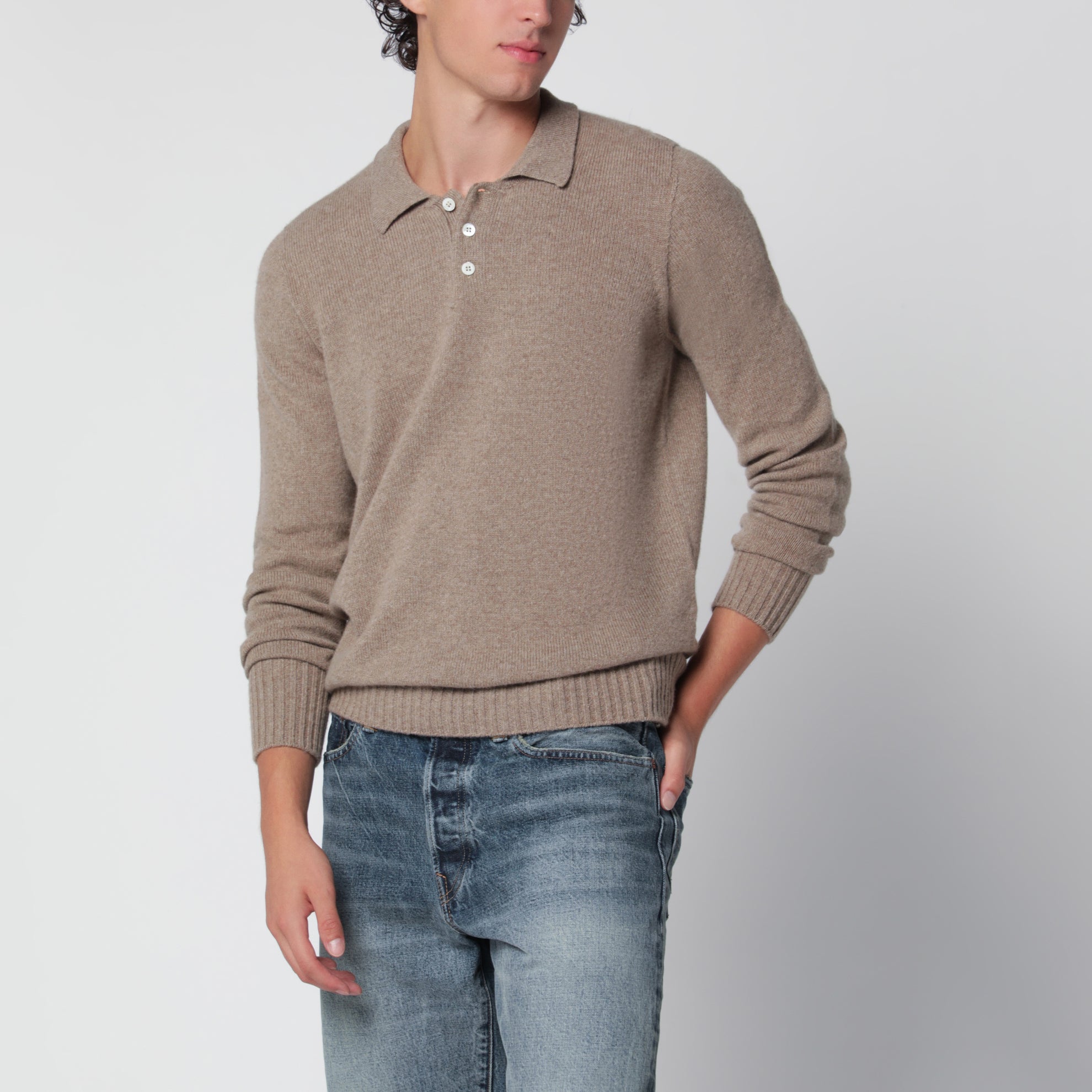 Pull polo beige chiné en laine