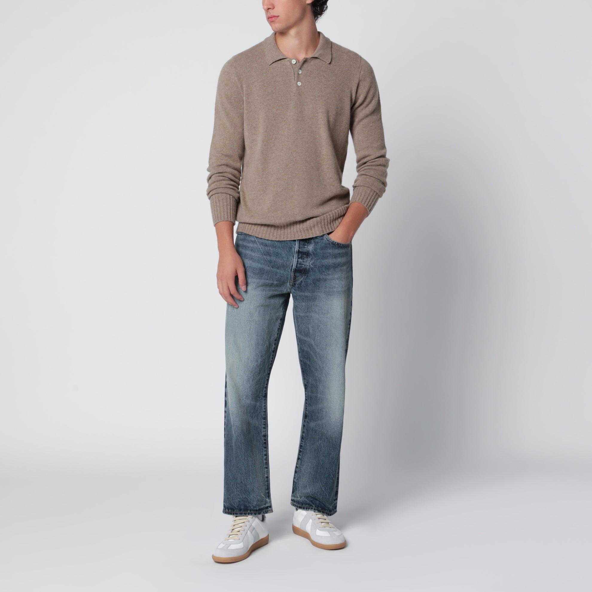 Pull polo beige chiné en laine