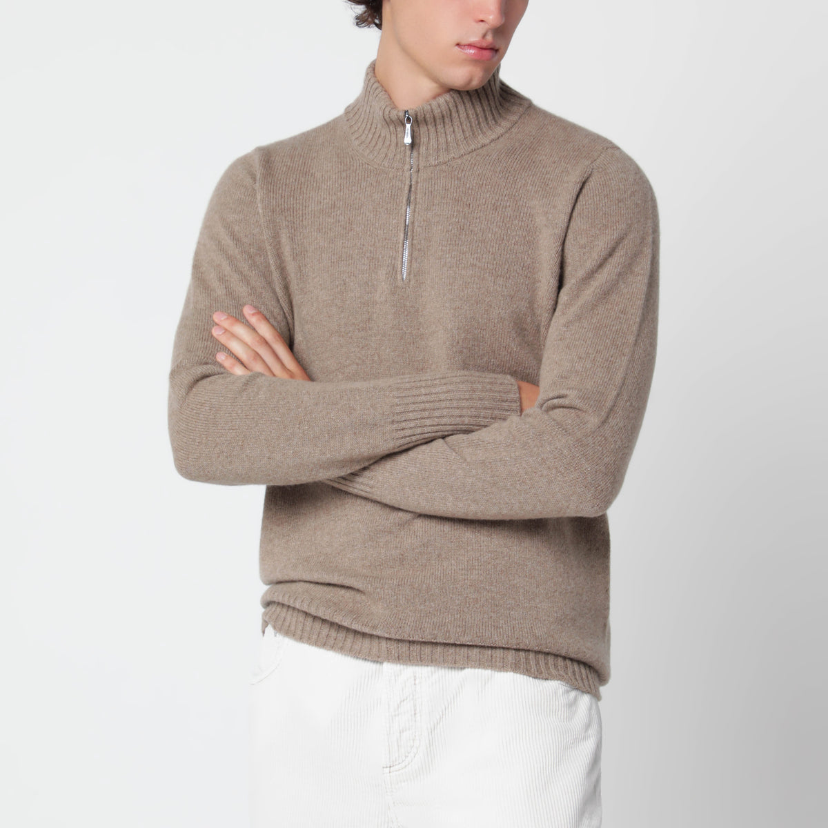 Beige melierter Half-Zip-Pullover aus Wolle