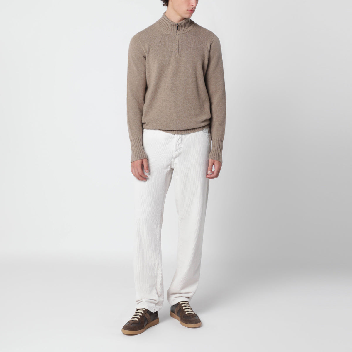 Beige melierter Half-Zip-Pullover aus Wolle