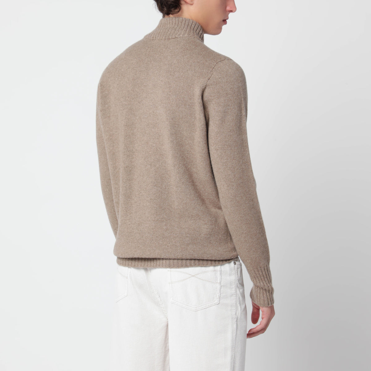 Beige melierter Half-Zip-Pullover aus Wolle