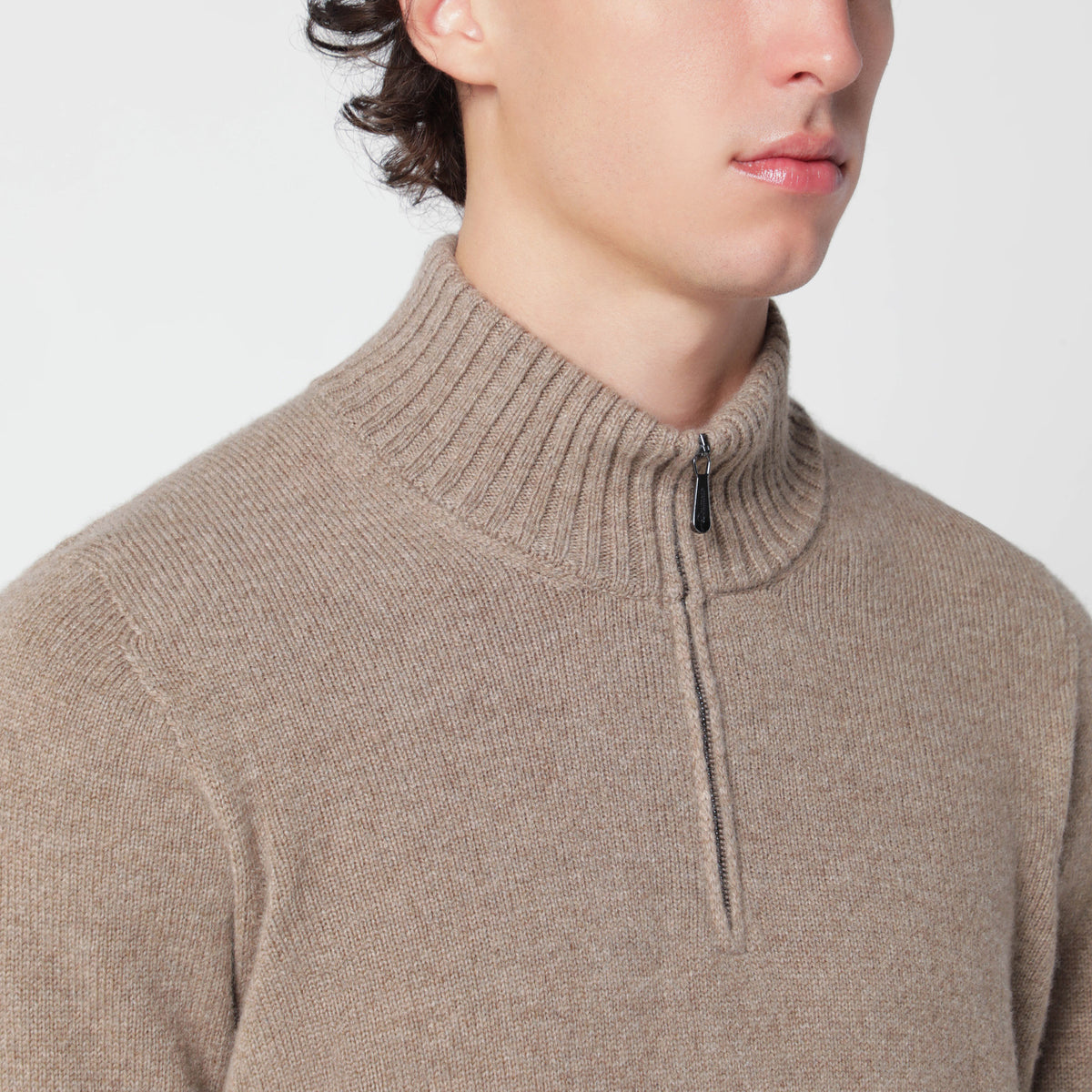 Beige melierter Half-Zip-Pullover aus Wolle