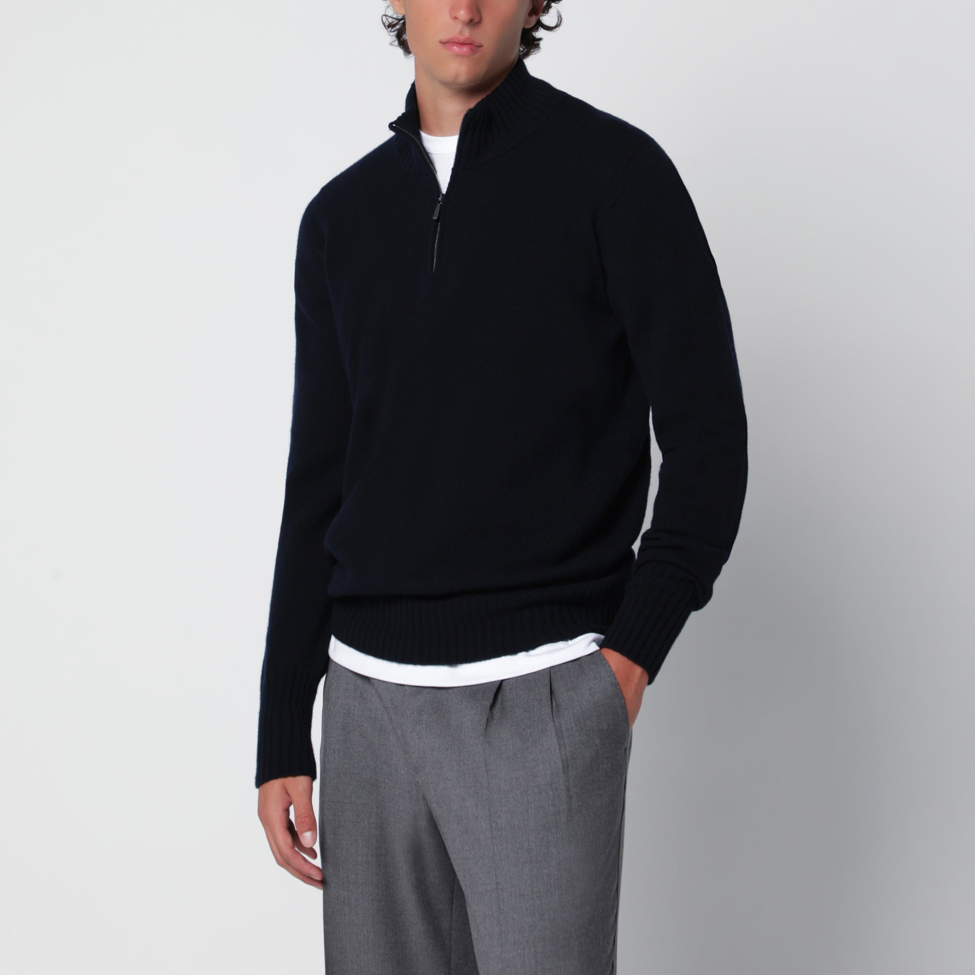 Pull demi-zippé bleu marine en laine