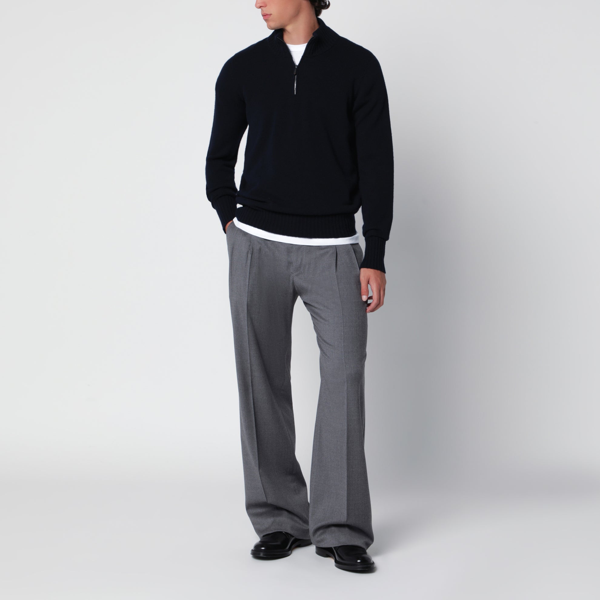 Pull demi-zippé bleu marine en laine