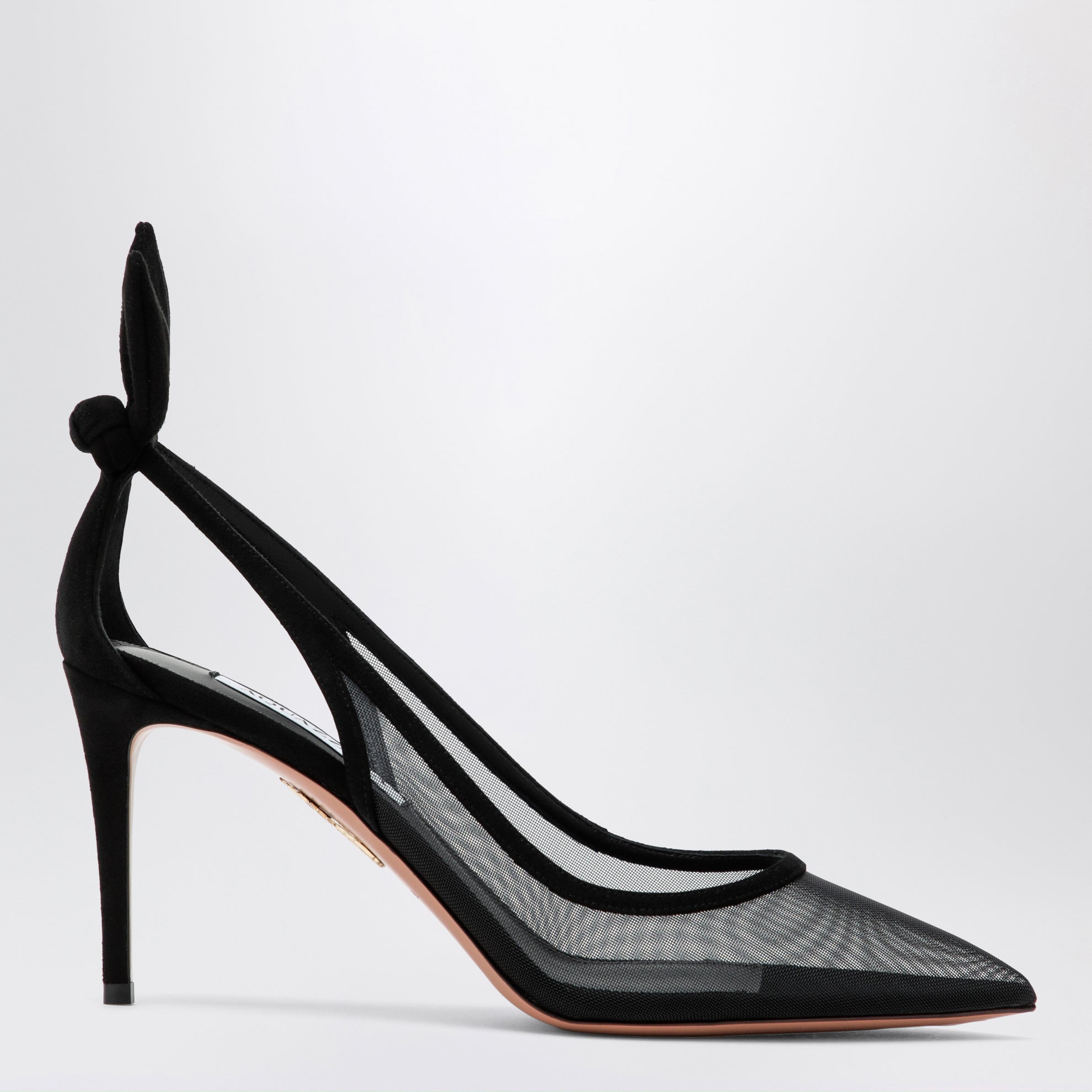 Schwarze Pumps mit Schleife aus Netzstoff