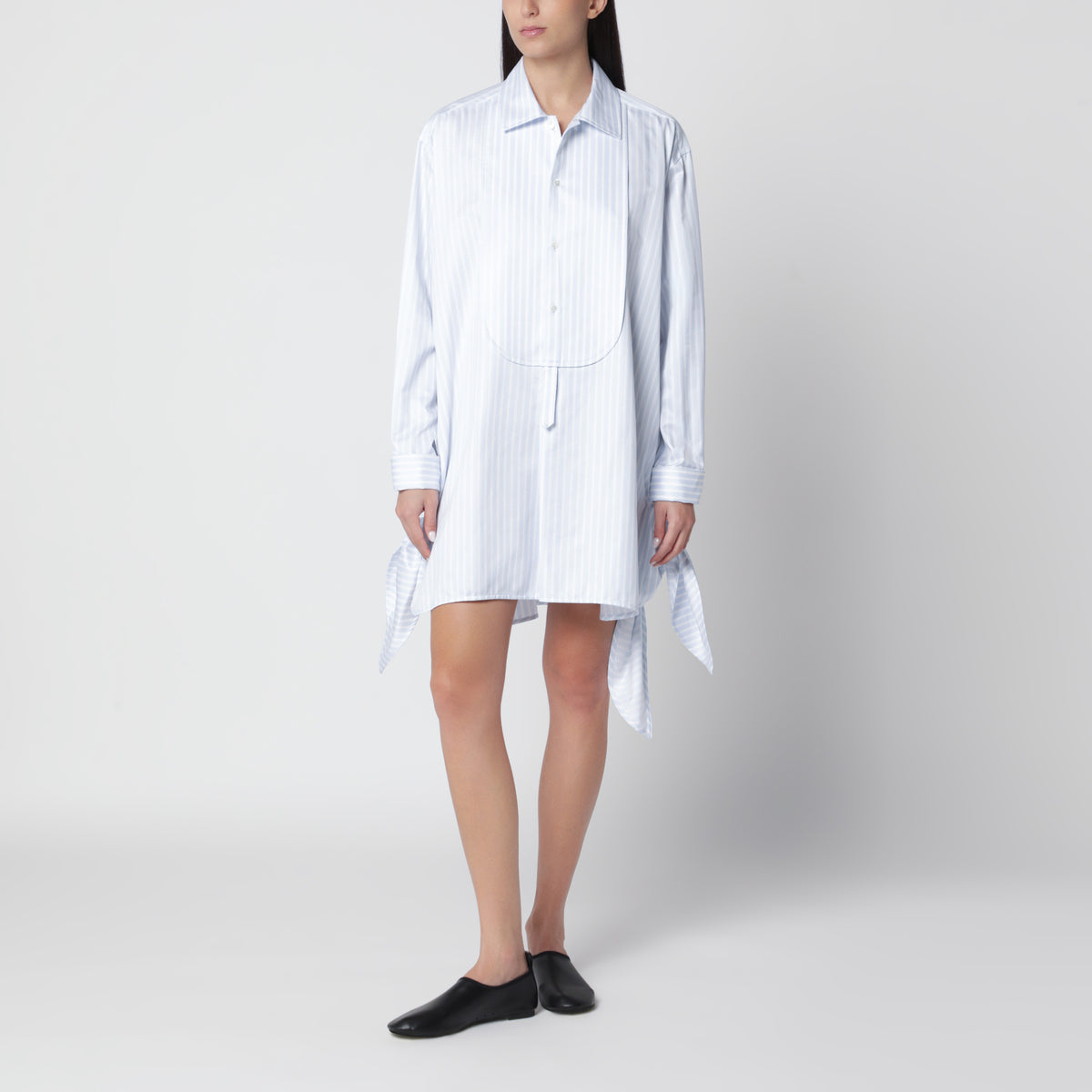 White and light blue shirt dress with side knot