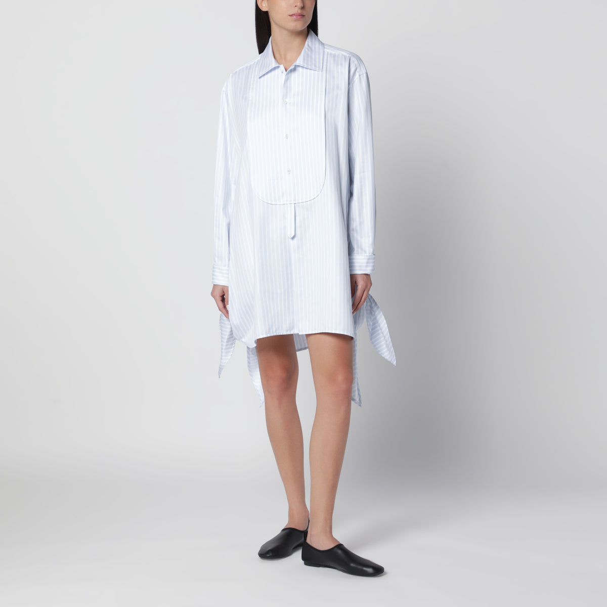 White and light blue shirt dress with side knot