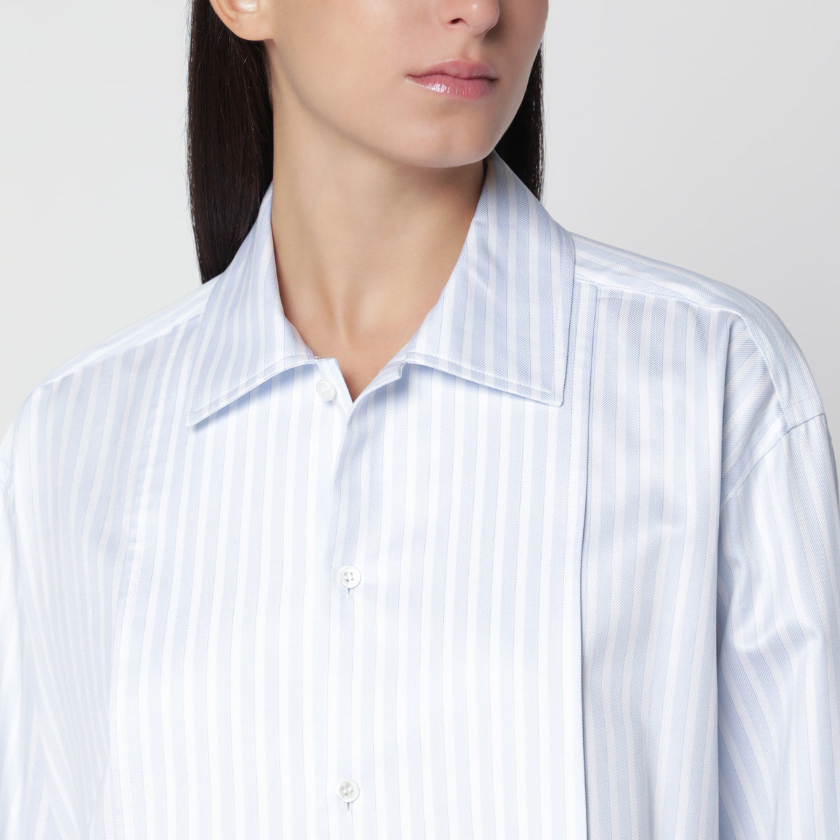 White and light blue shirt dress with side knot