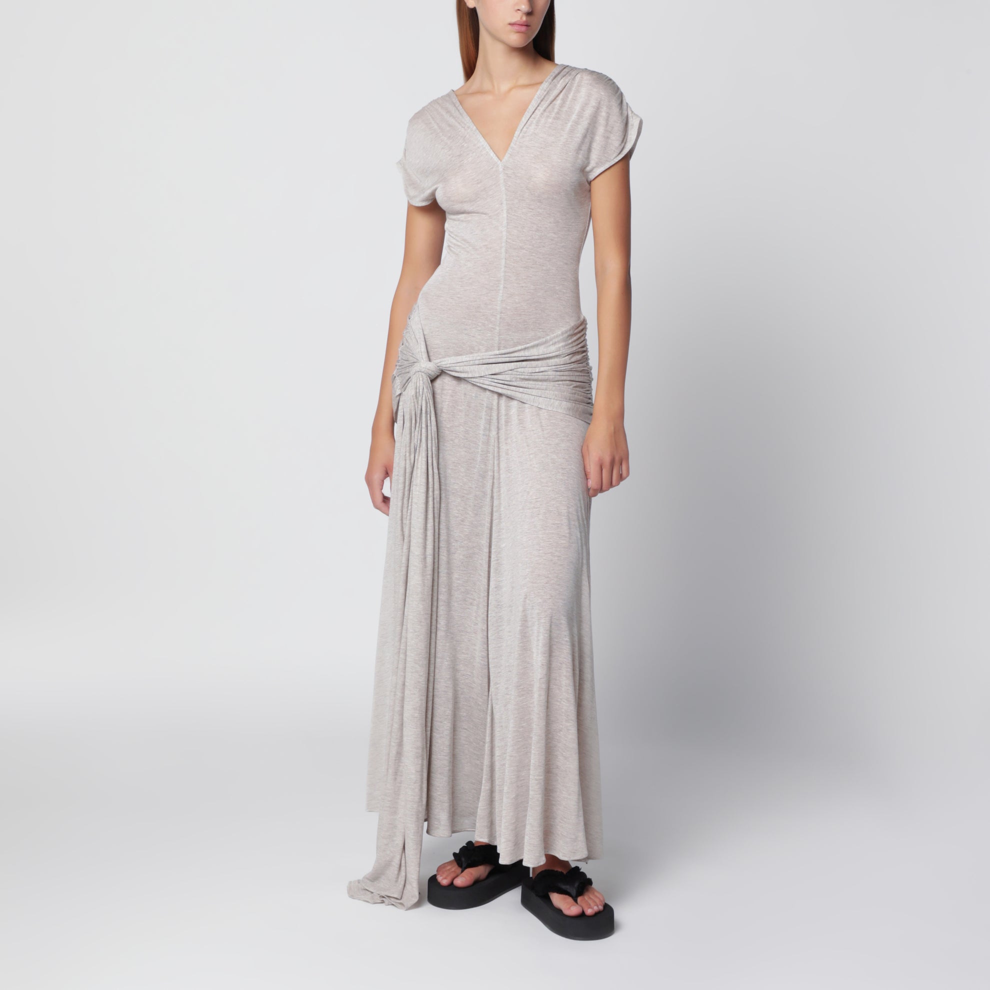 Haferfarbenes Maxikleid aus Modal-Jersey mit Knotendetail