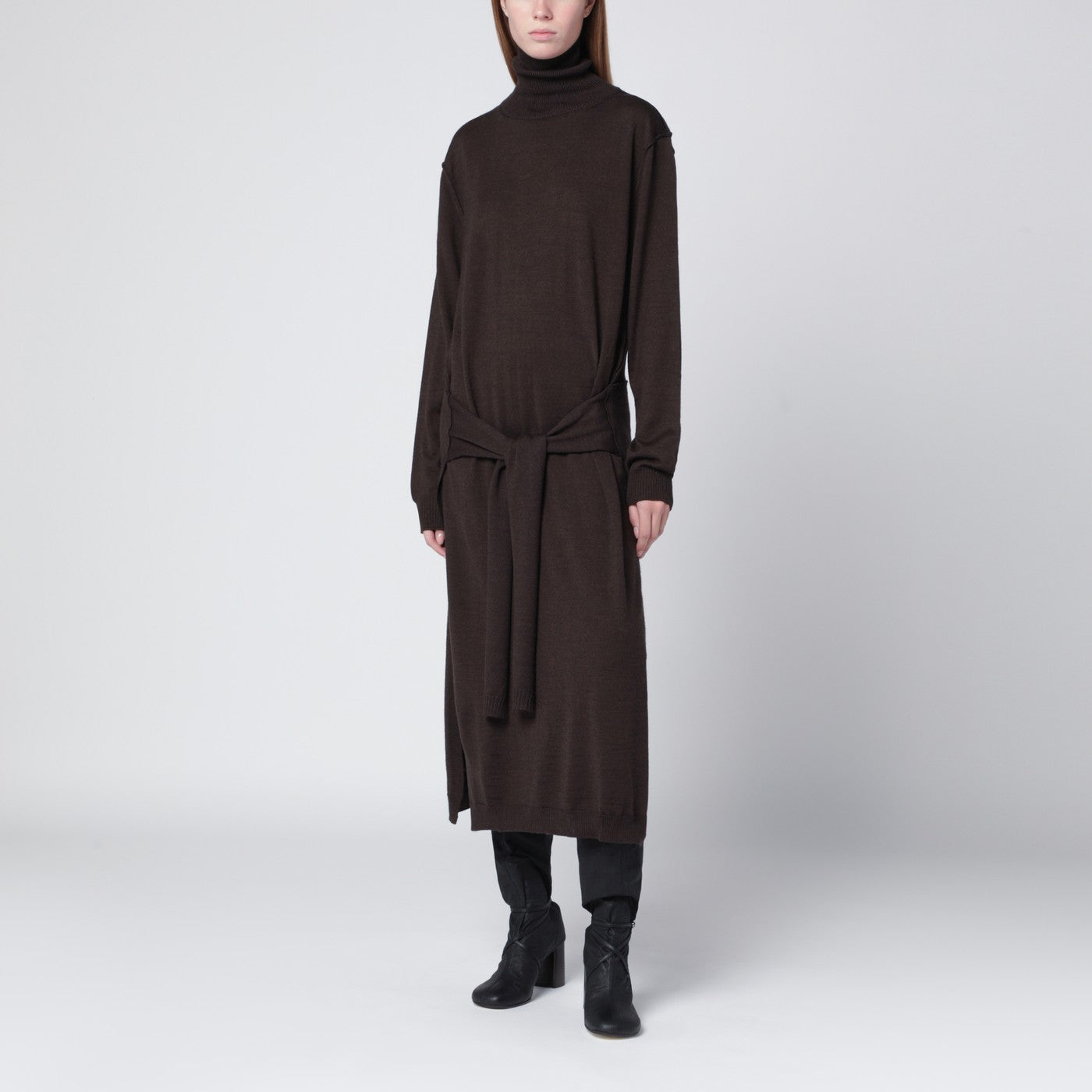 Braunes Trompe-l'œil Kleid aus Wollmischung