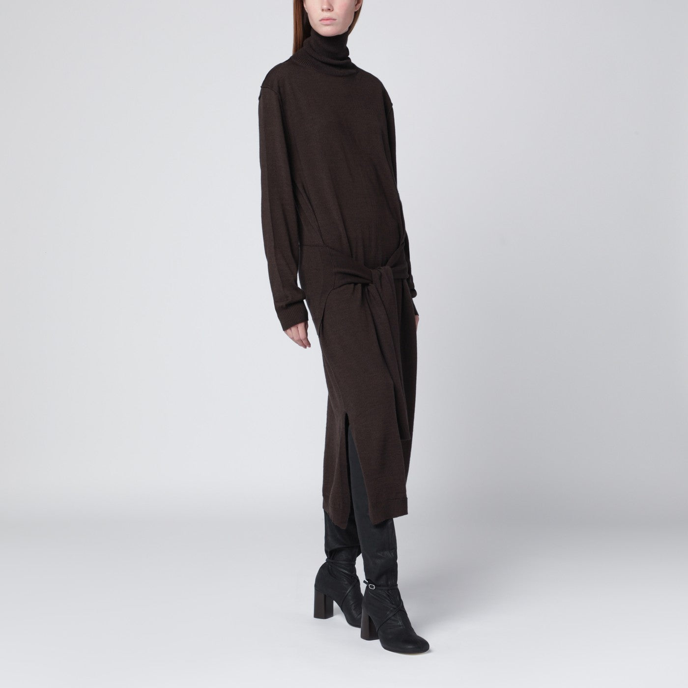 Braunes Trompe-l'œil Kleid aus Wollmischung
