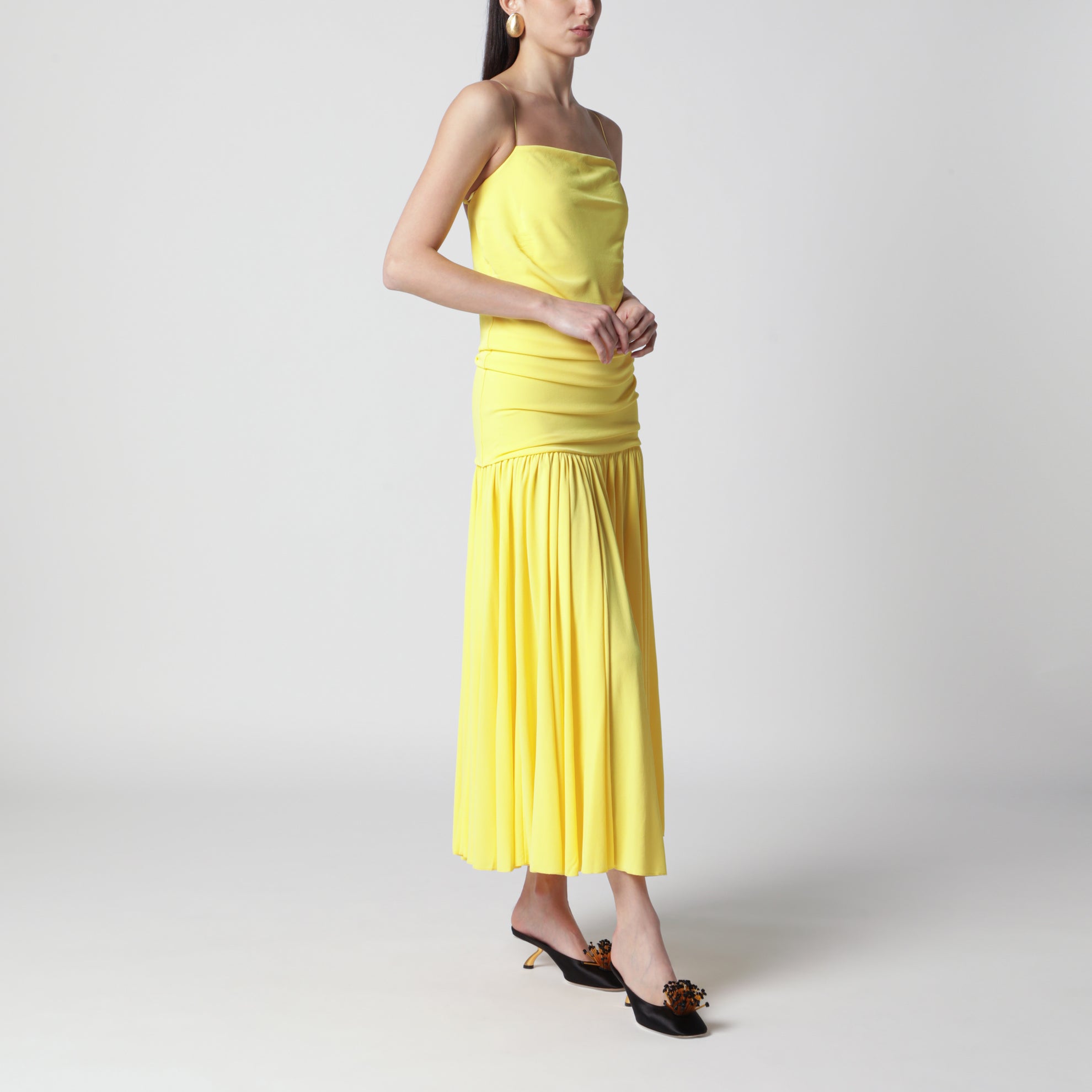 Abiha pleated midi dress with draping in yellow