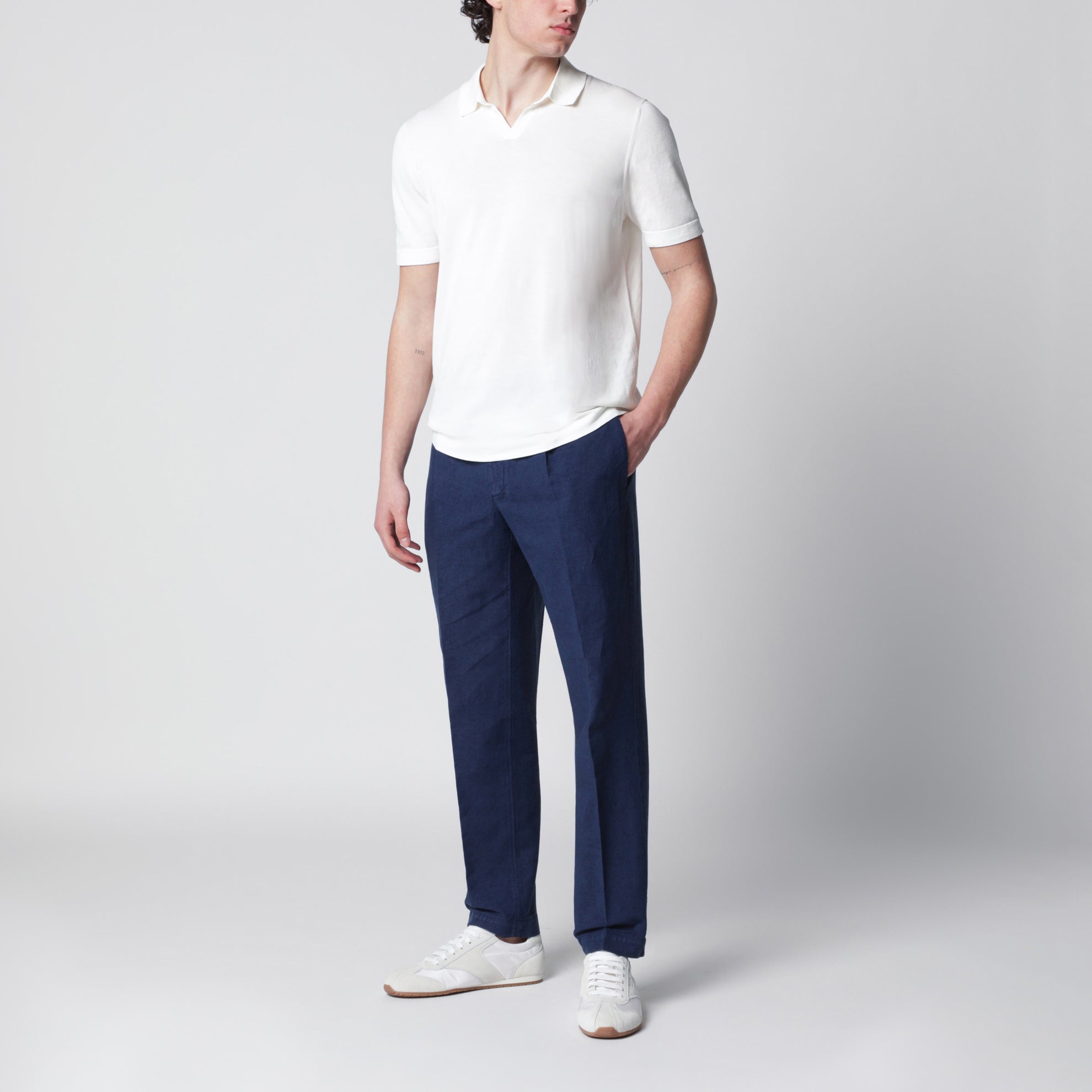 Pantalone blu in cotone e lino