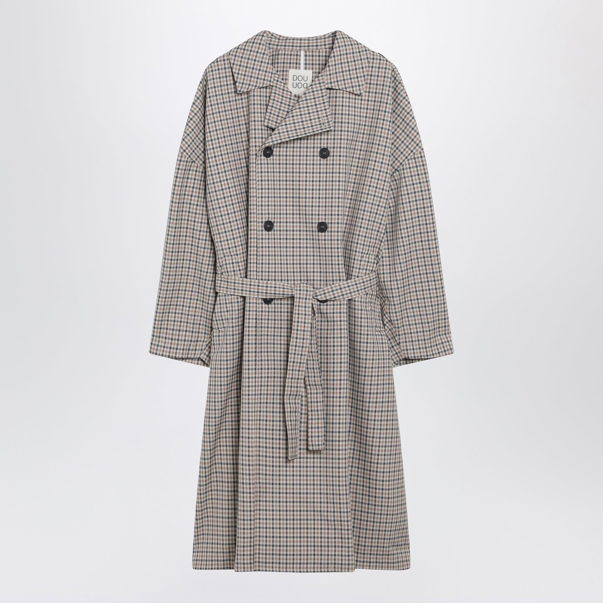 Double-breasted check trench coat