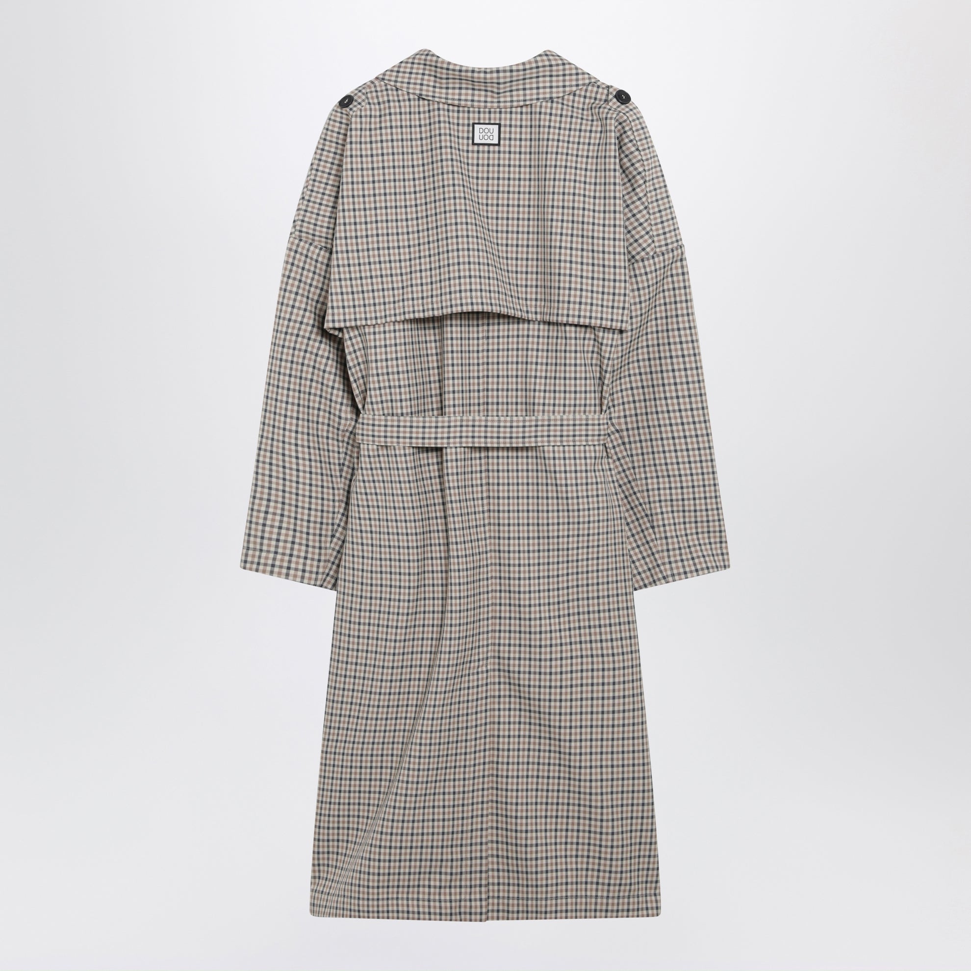 Double-breasted check trench coat