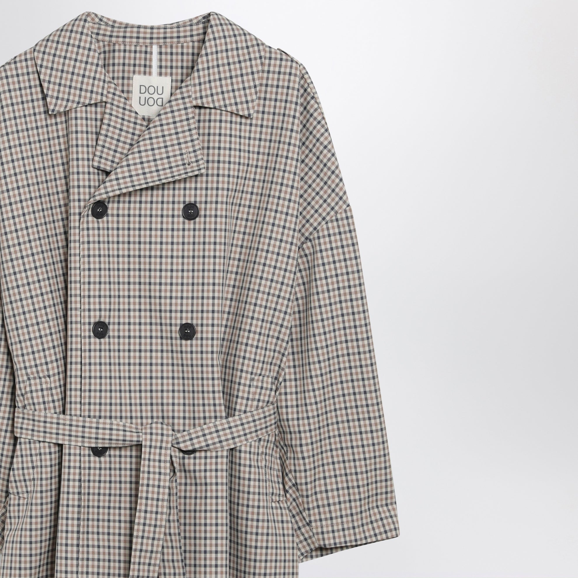 Double-breasted check trench coat