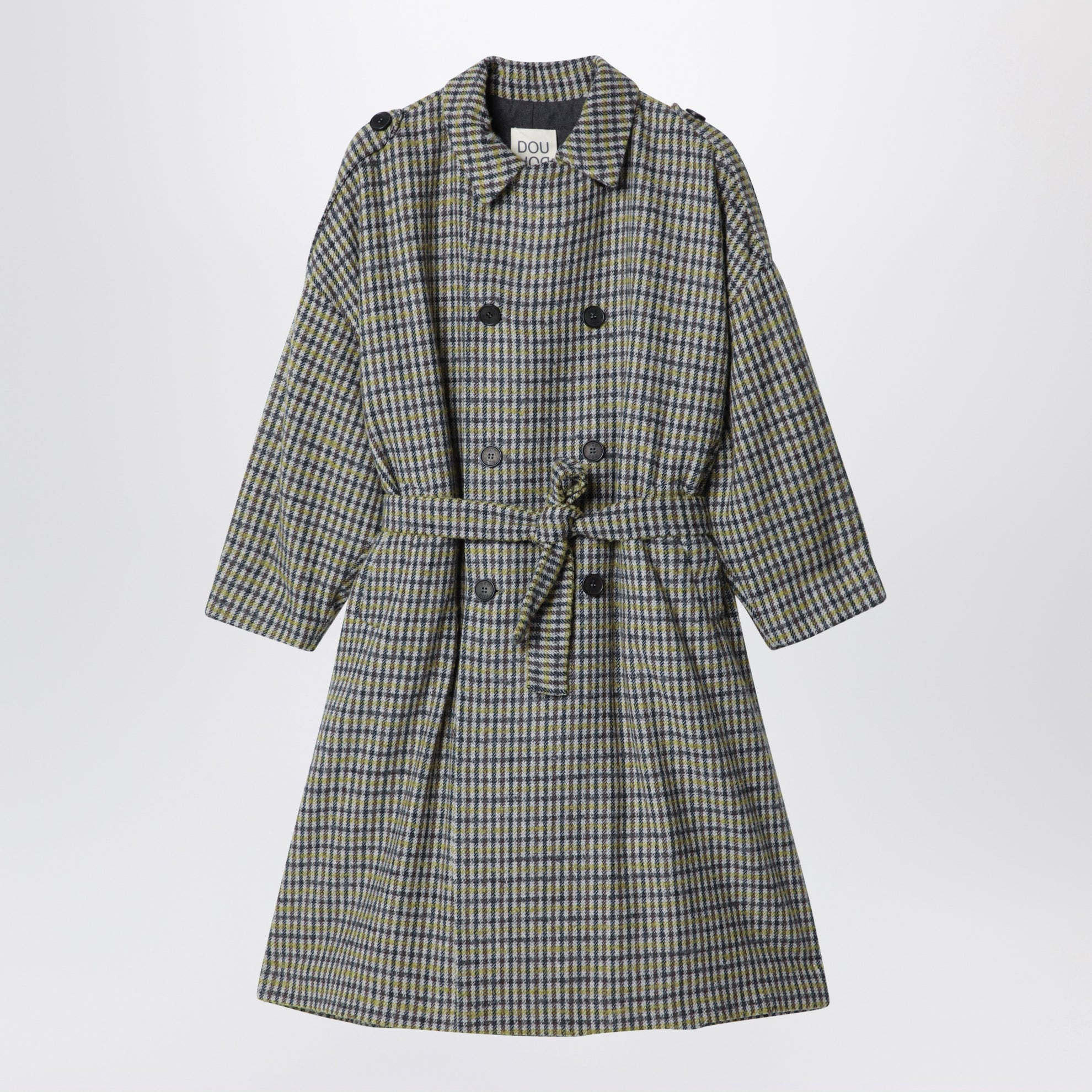 Double-breasted wool-blend trench coat with check pattern