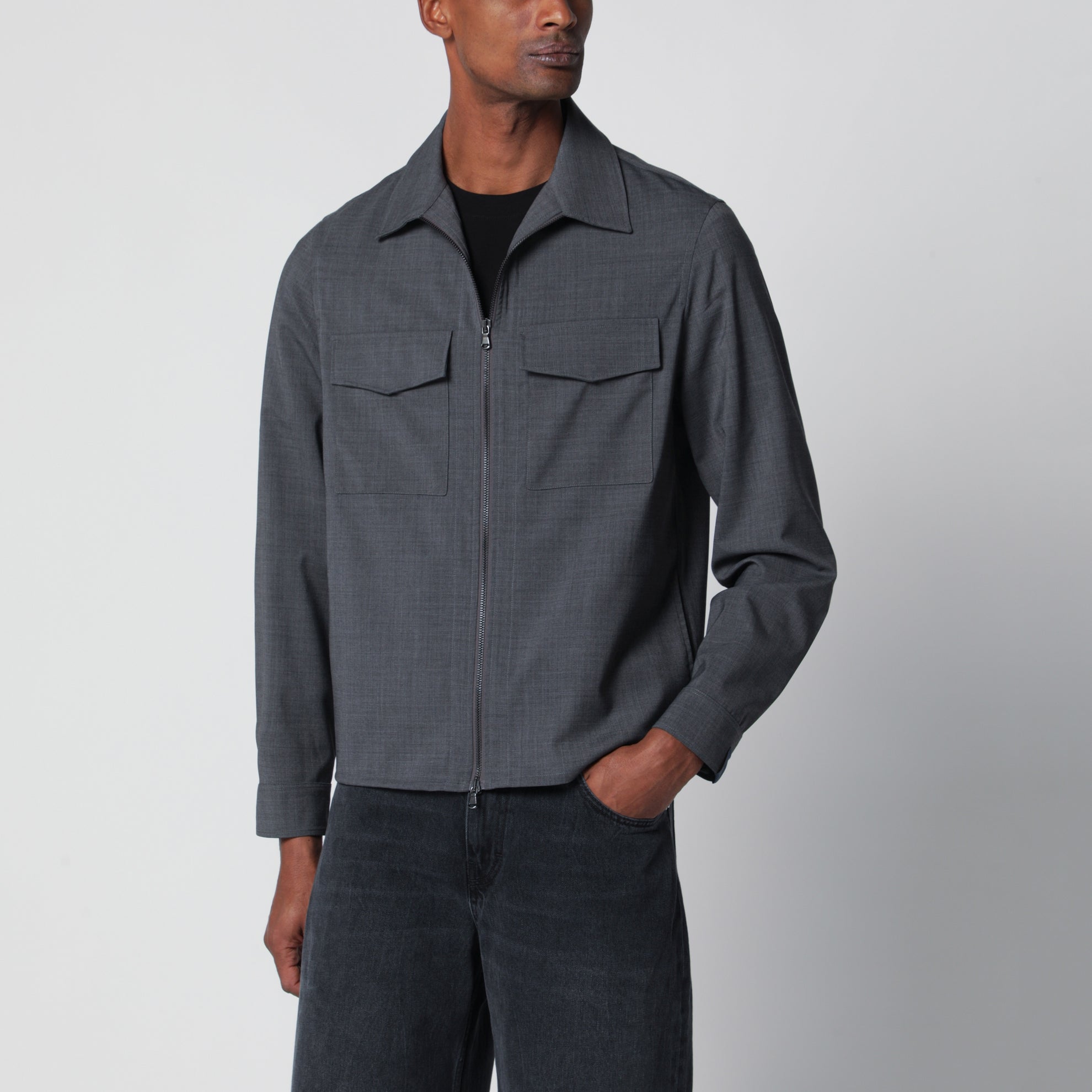 Grey wool-blend zip-up jacket