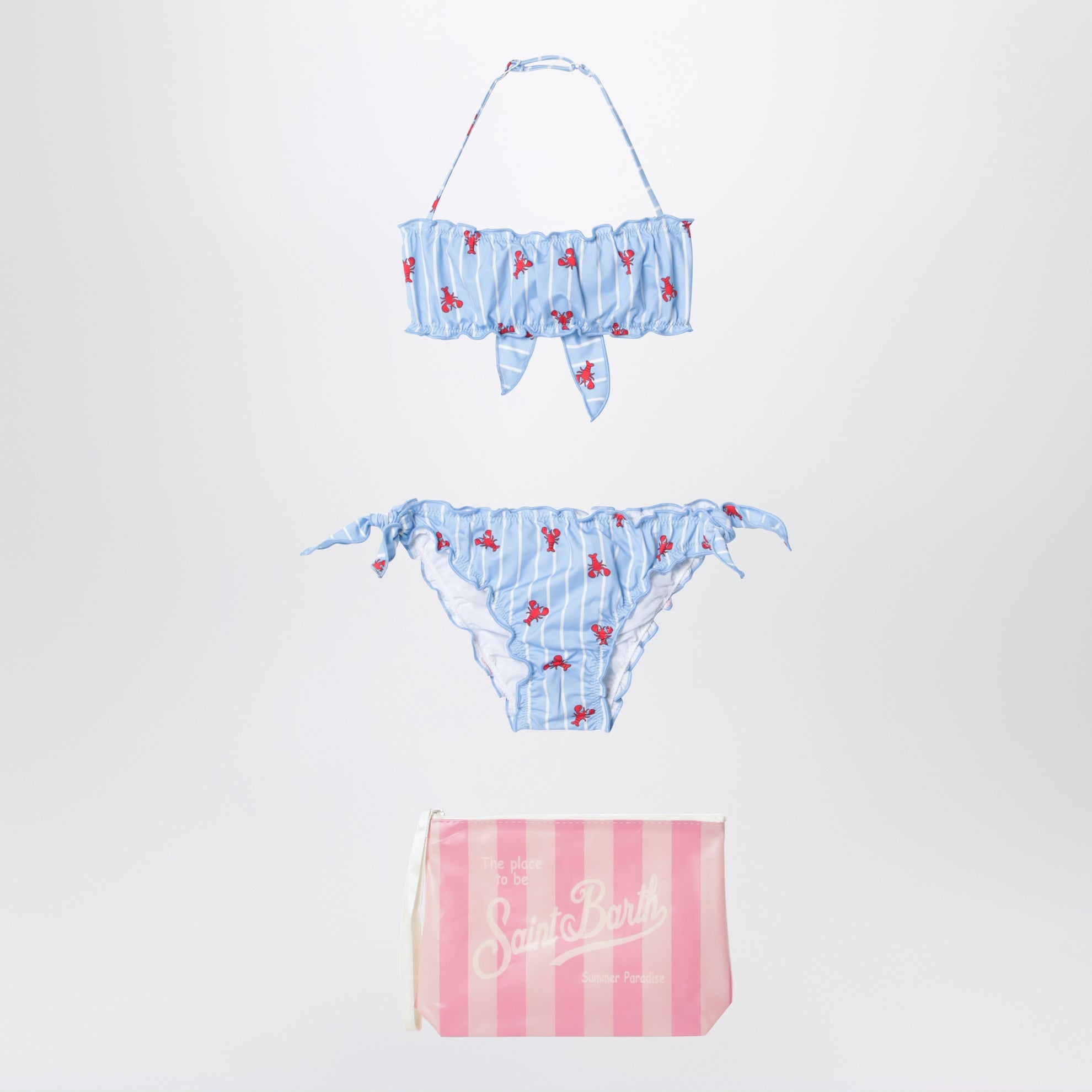 Light blue striped bikini with little crabs and pouch